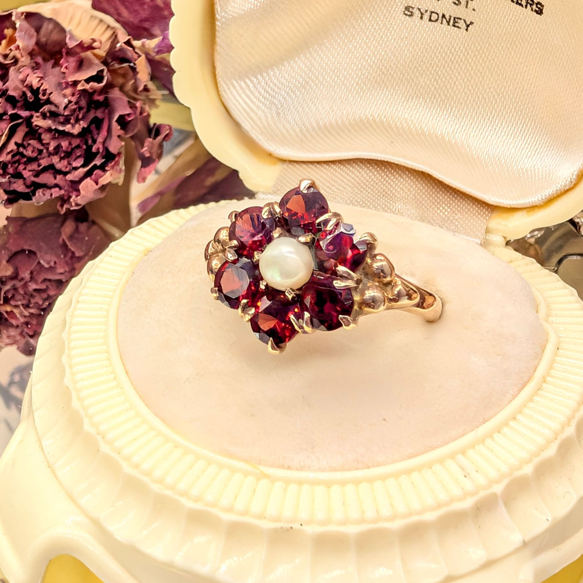 Superb Vintage 9ct Yellow Gold Garnet & Pearl ‘Daisy’ Halo Cluster - Birmingham 1961