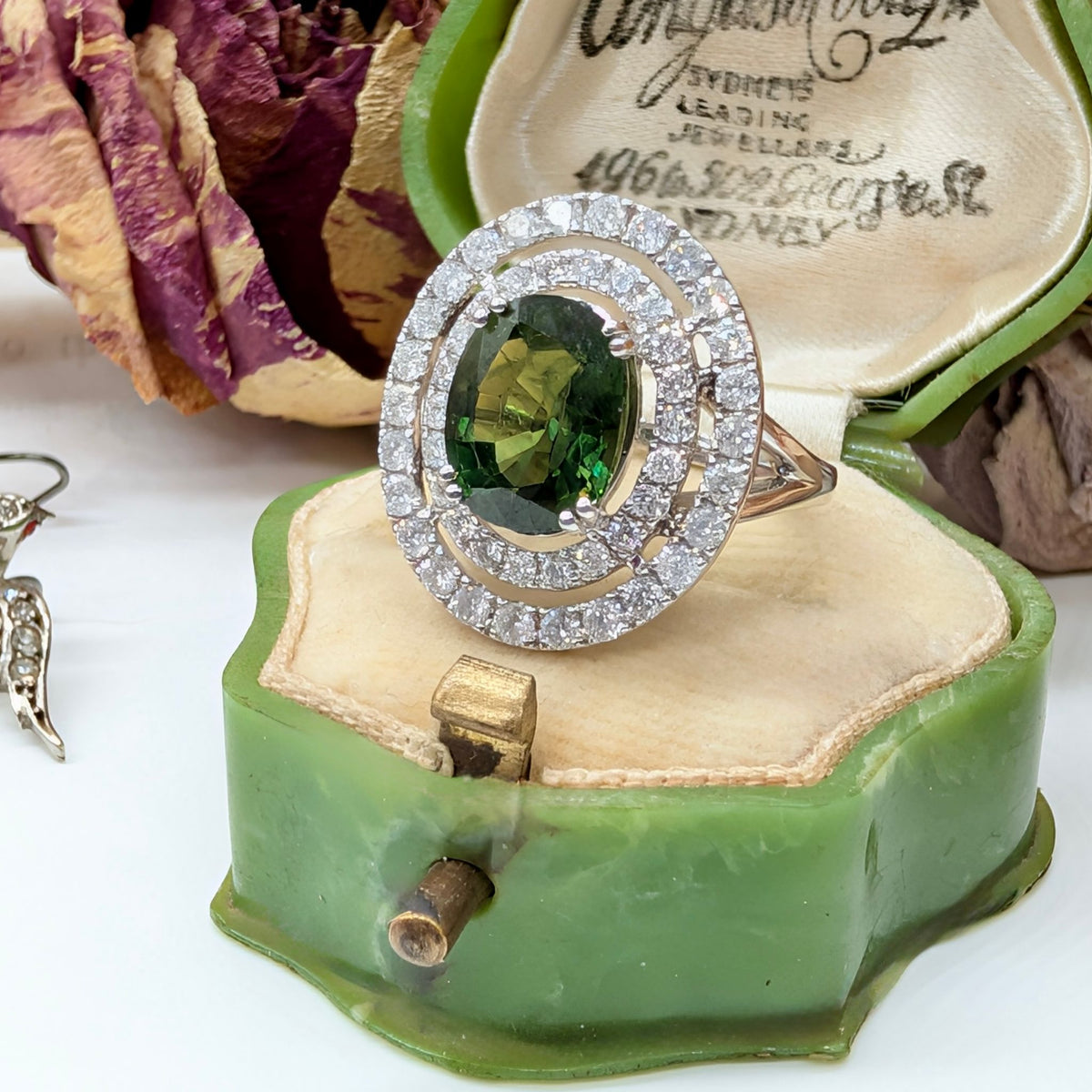 Stunning Contemporary 14ct White Gold Green Sapphire & Diamond Double Halo Ring. Independent Gemmological Valuation included $16,100 AUD
