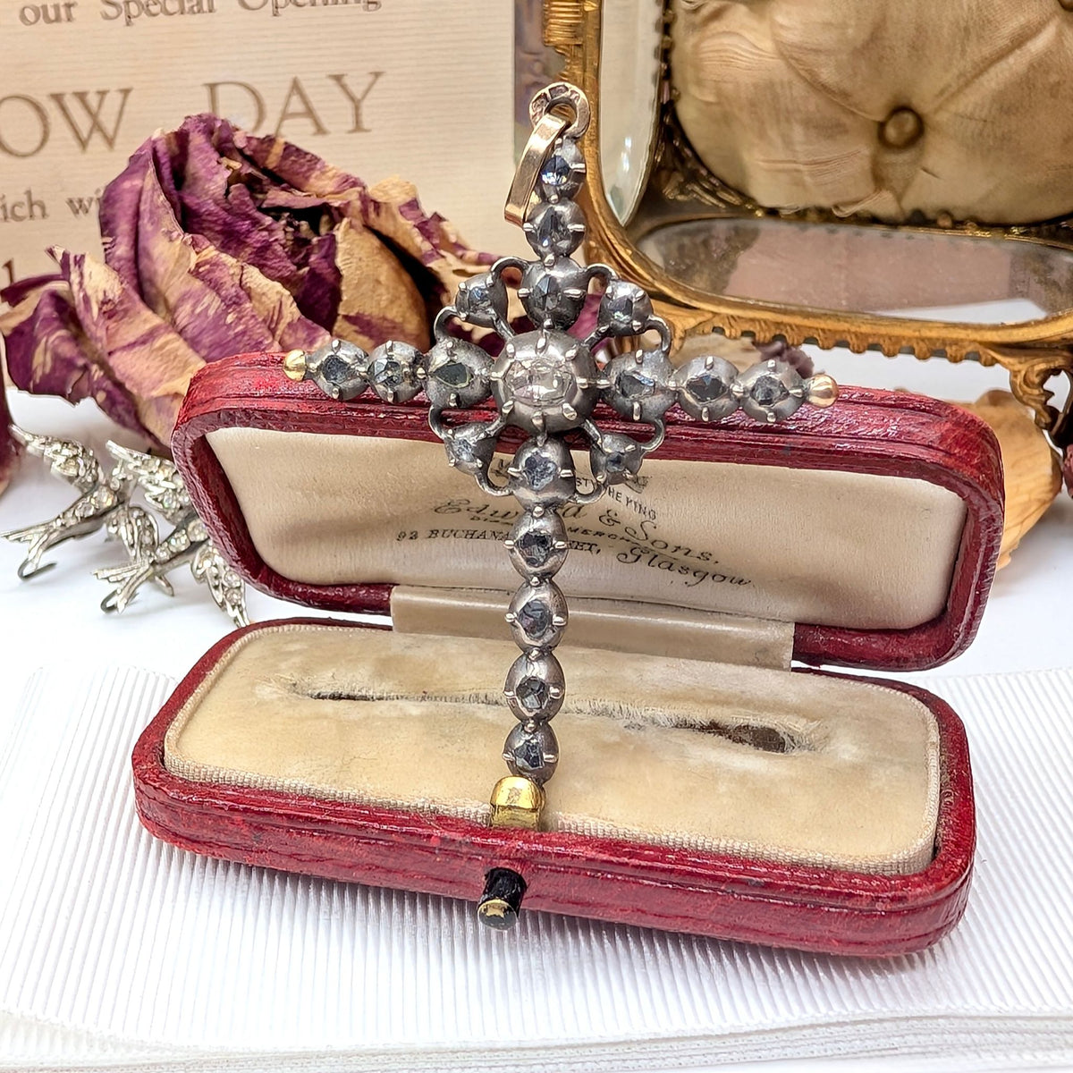 Antique Victorian ‘Flemish’ 14ct And Silver Rose-Cut / ‘Senaille’ Diamond Cross - Circa 1860-80