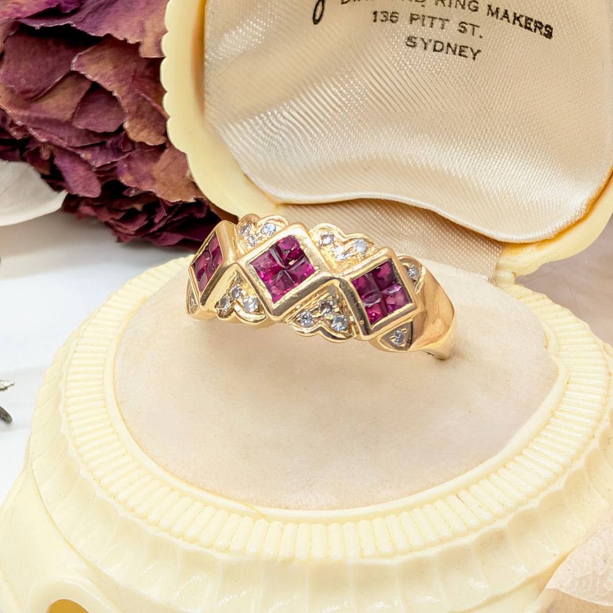 Beautiful Contemporary 18ct Yellow Gold Ruby and Diamond Cluster Ring