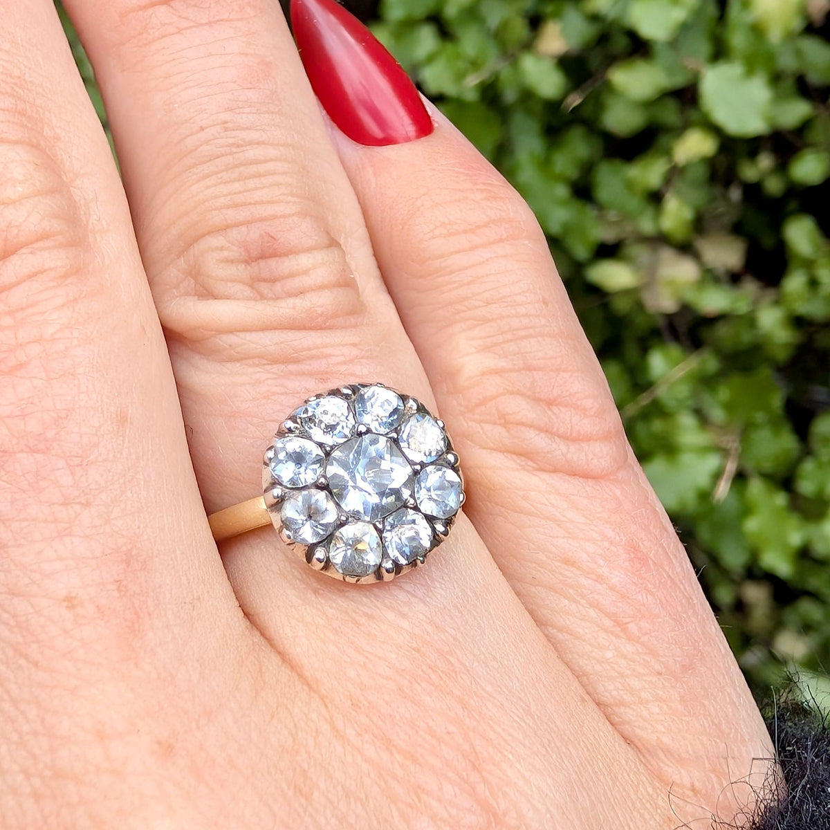 Antique Georgian 9ct Gold And Silver Black Dot Paste Flower Ring Circa 1800