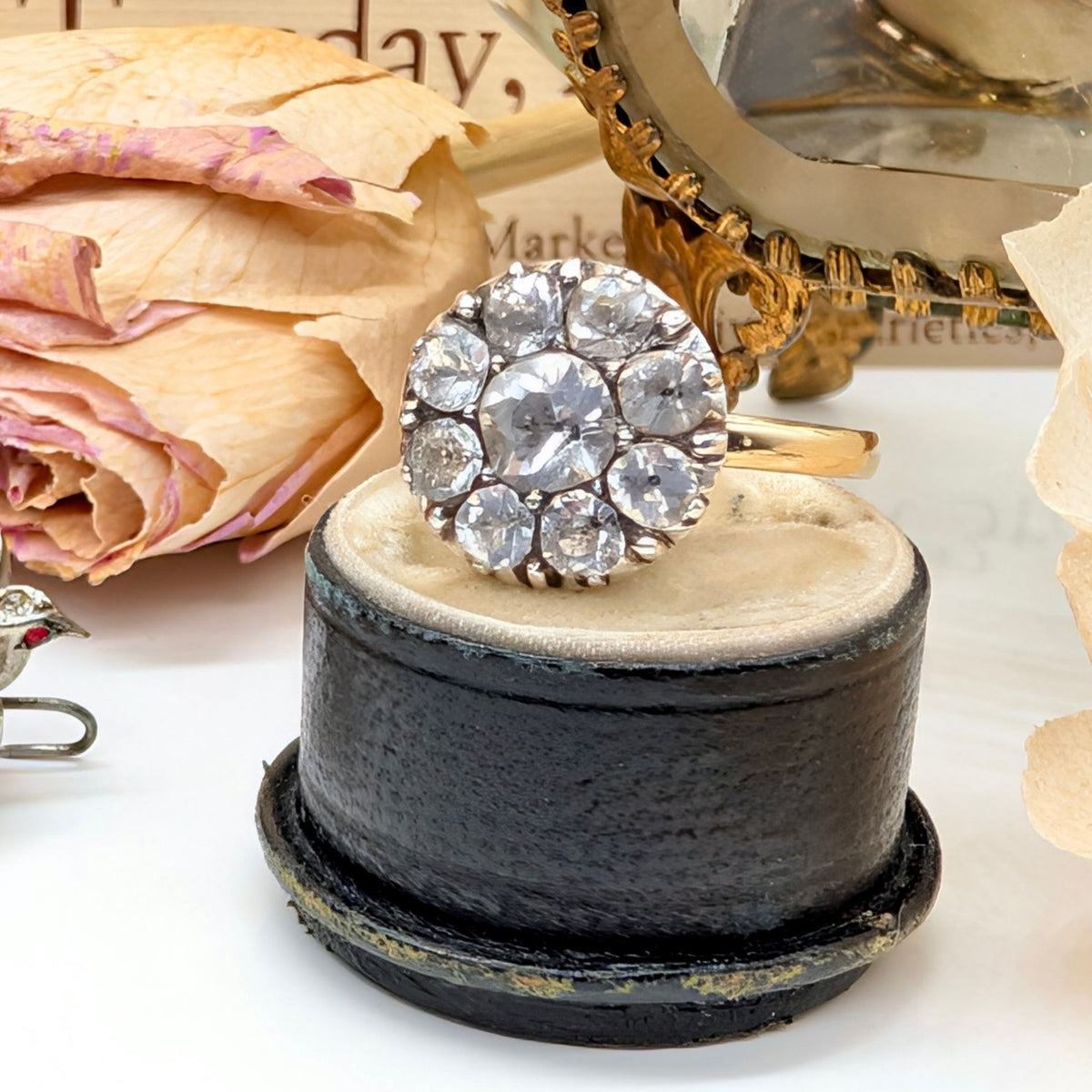 Antique Georgian 9ct Gold And Silver Black Dot Paste Flower Ring Circa 1800