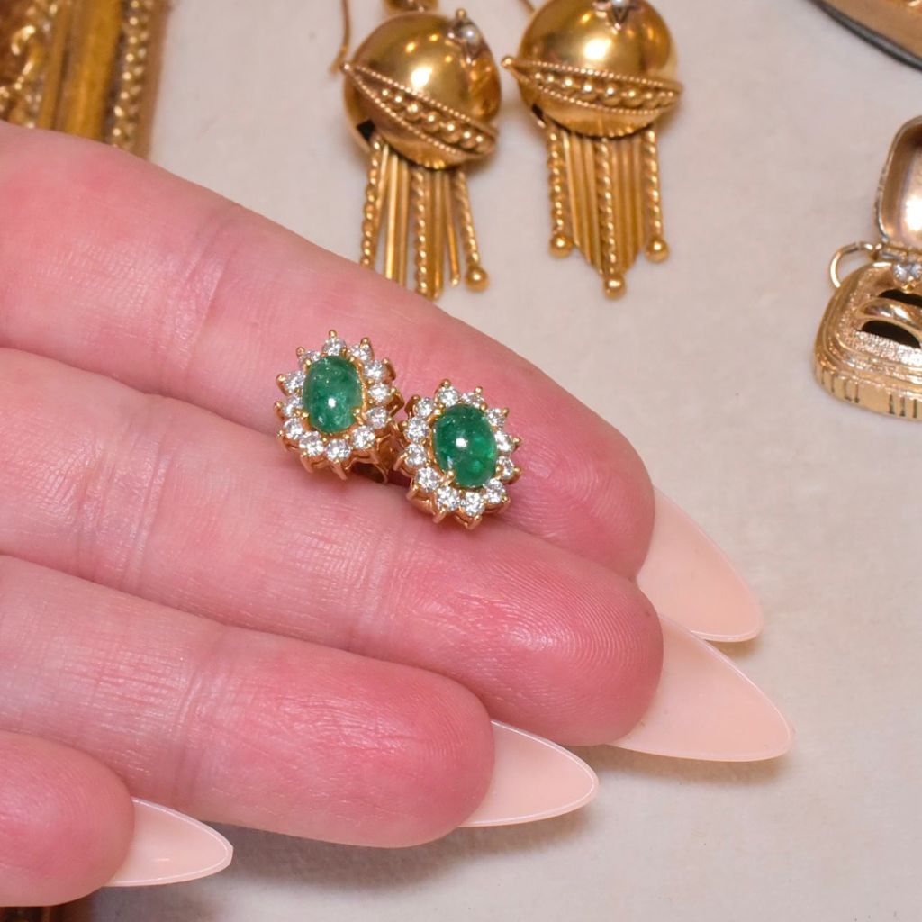 Contemporary 18ct Gold Emerald Cabochon And Diamond Earrings
