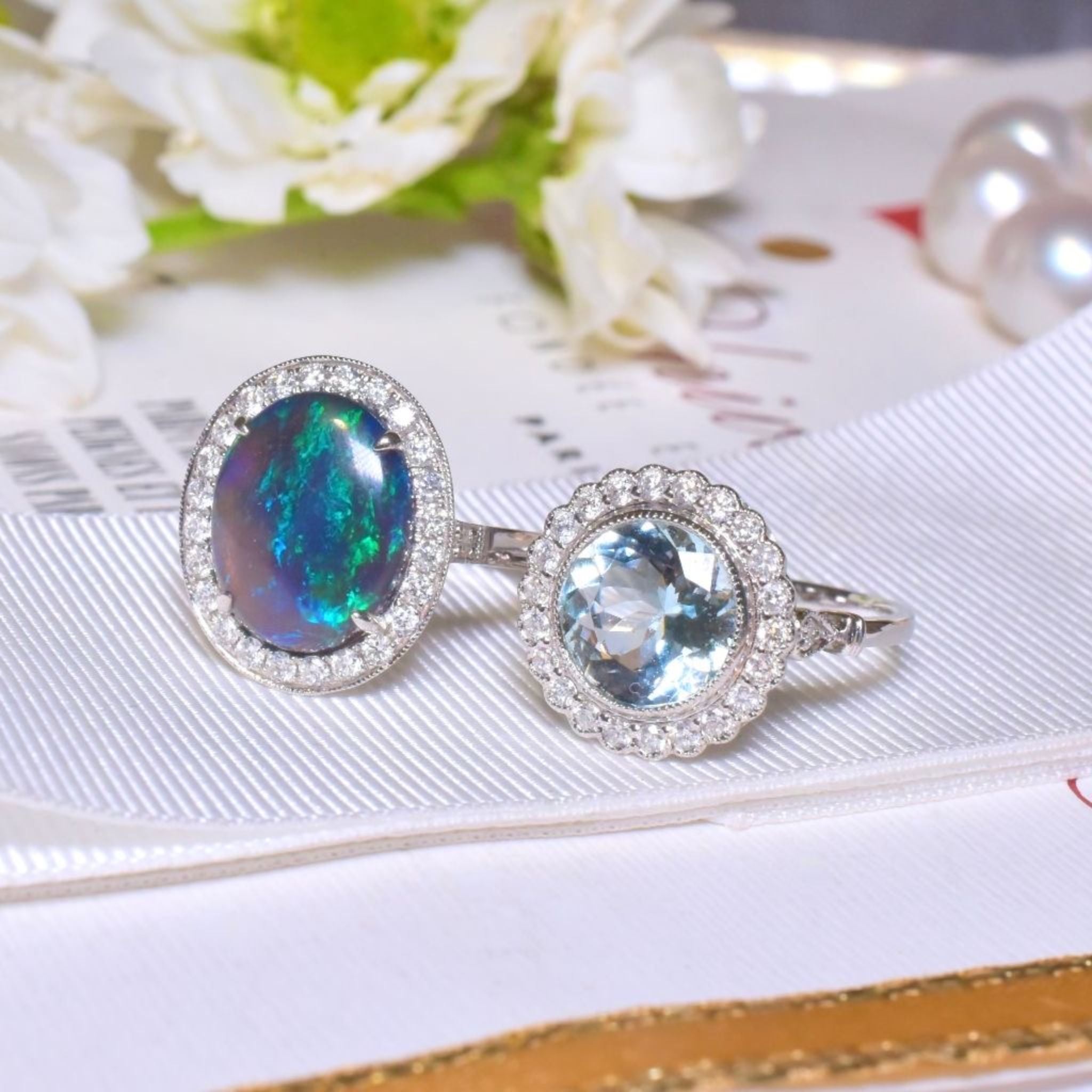 14ct White gold Solid Lightning Ridge Black Jelly Crystal Opal And Diamond Halo Ring