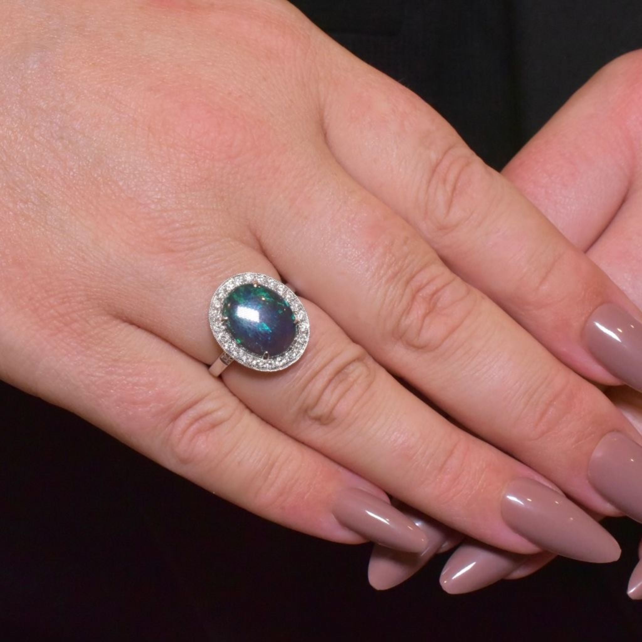 14ct White gold Solid Lightning Ridge Black Jelly Crystal Opal And Diamond Halo Ring