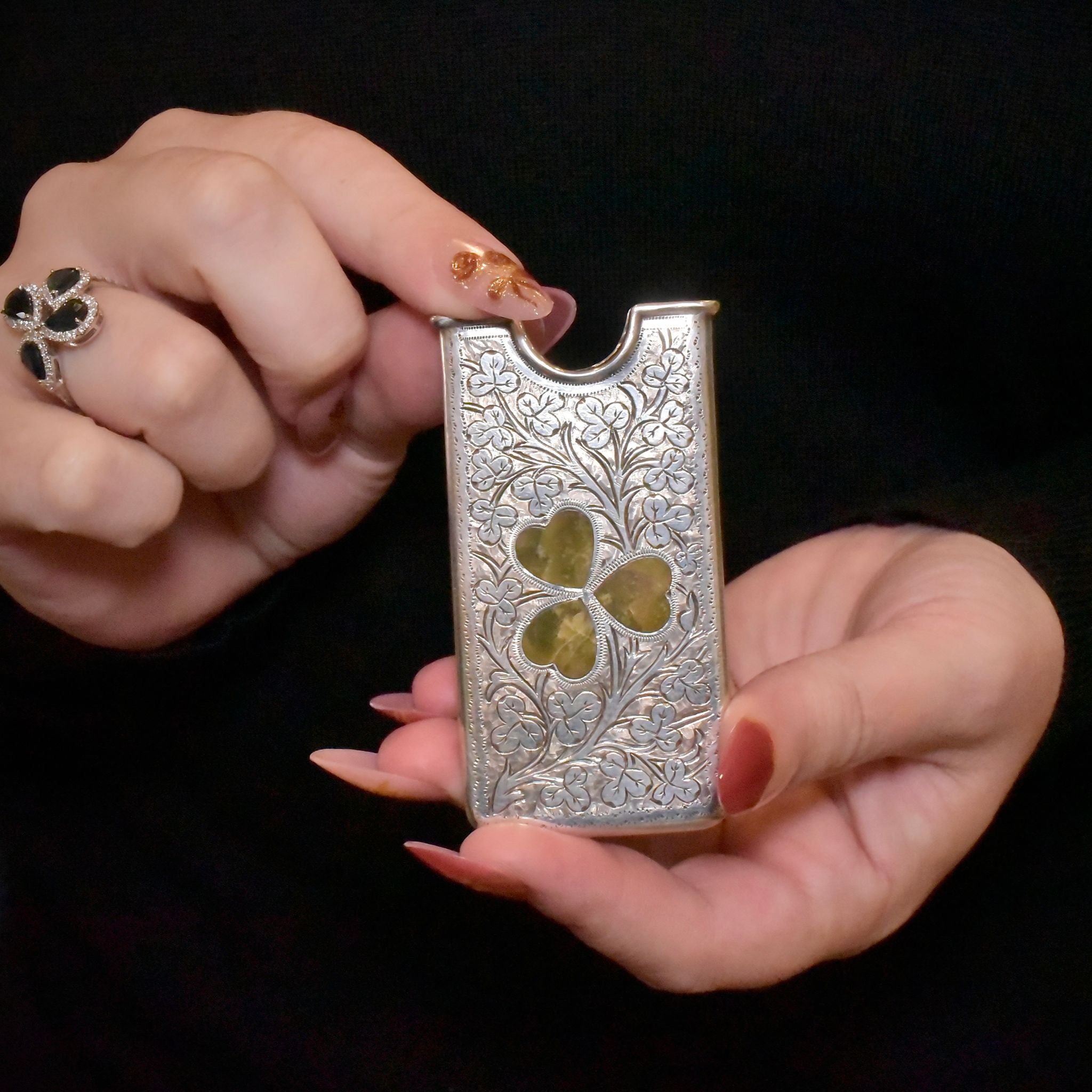 Antique 1908 Sterling Silver Connemara Marble Clover Card Case (By Joseph Cook & Son - Birmingham)