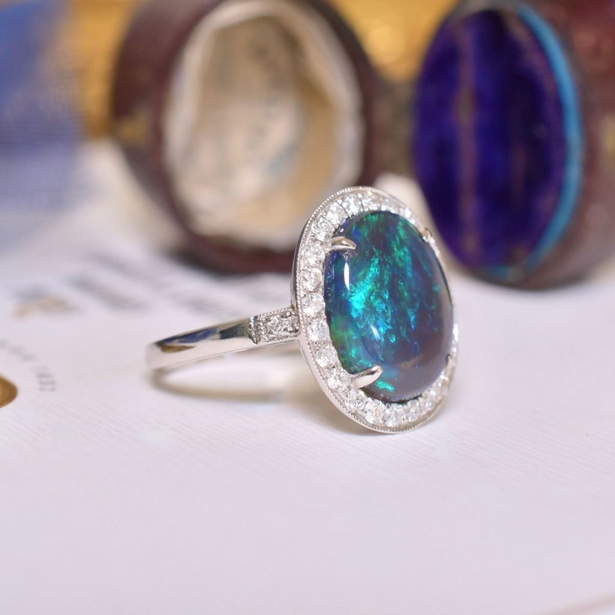 14ct White gold Solid Lightning Ridge Black Jelly Crystal Opal And Diamond Halo Ring