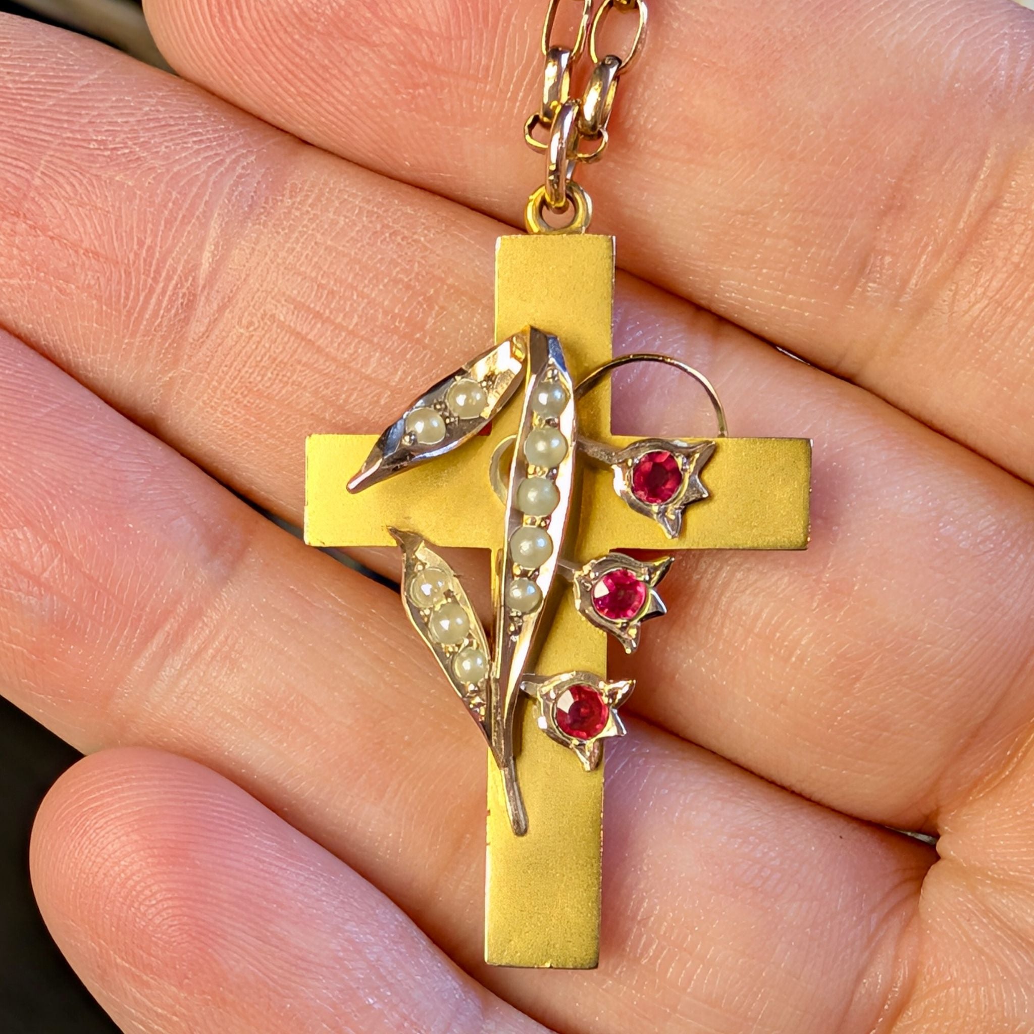 Antique Australian 9ct Gold Seed Pearl Crucifix By Aronson and Co., Circa 1900