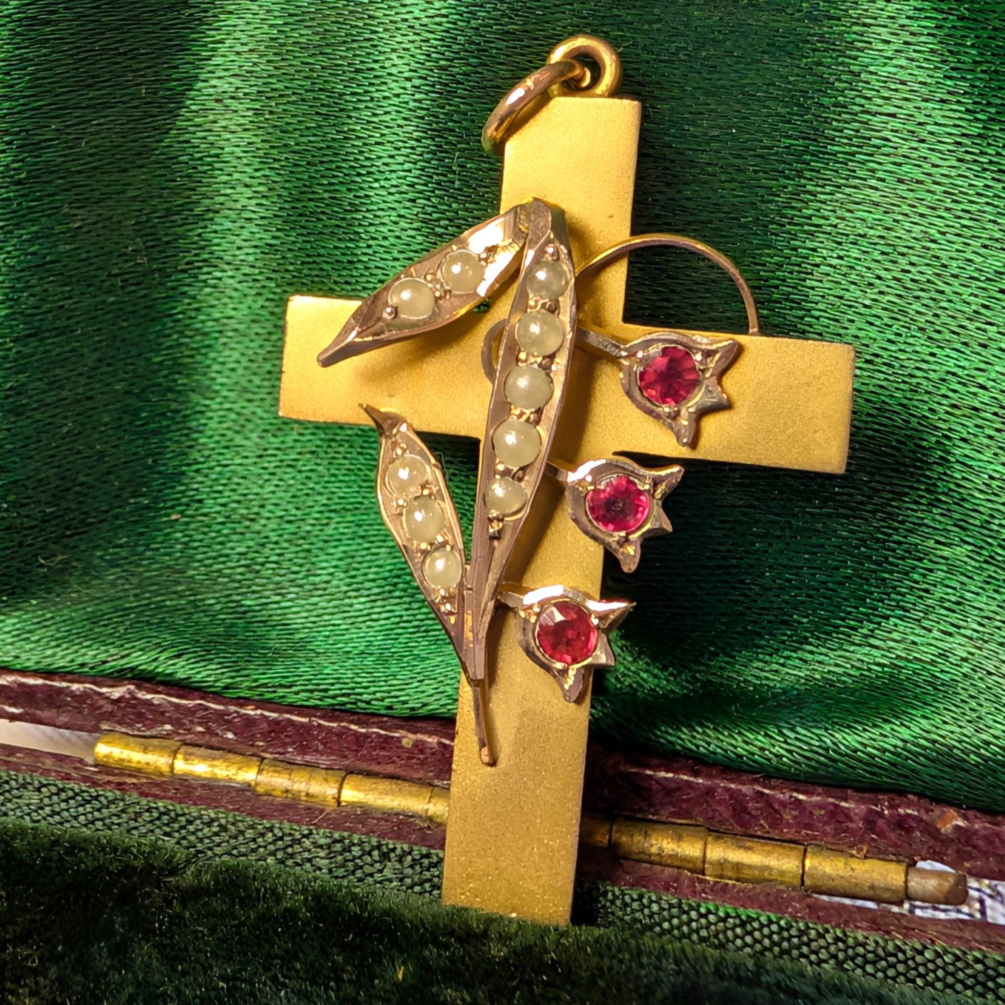 Antique Australian 9ct Gold Seed Pearl Crucifix By Aronson and Co., Circa 1900