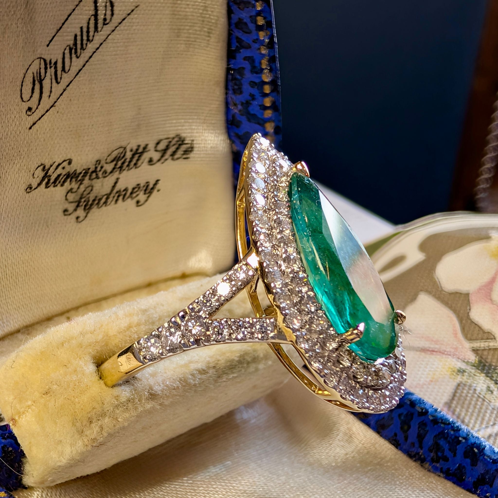 Contemporary 14ct Yellow Gold Pear-Shape 2.33ct Emerald and Diamond Ring Complete With An Independent Valuation for $12,452 AUD