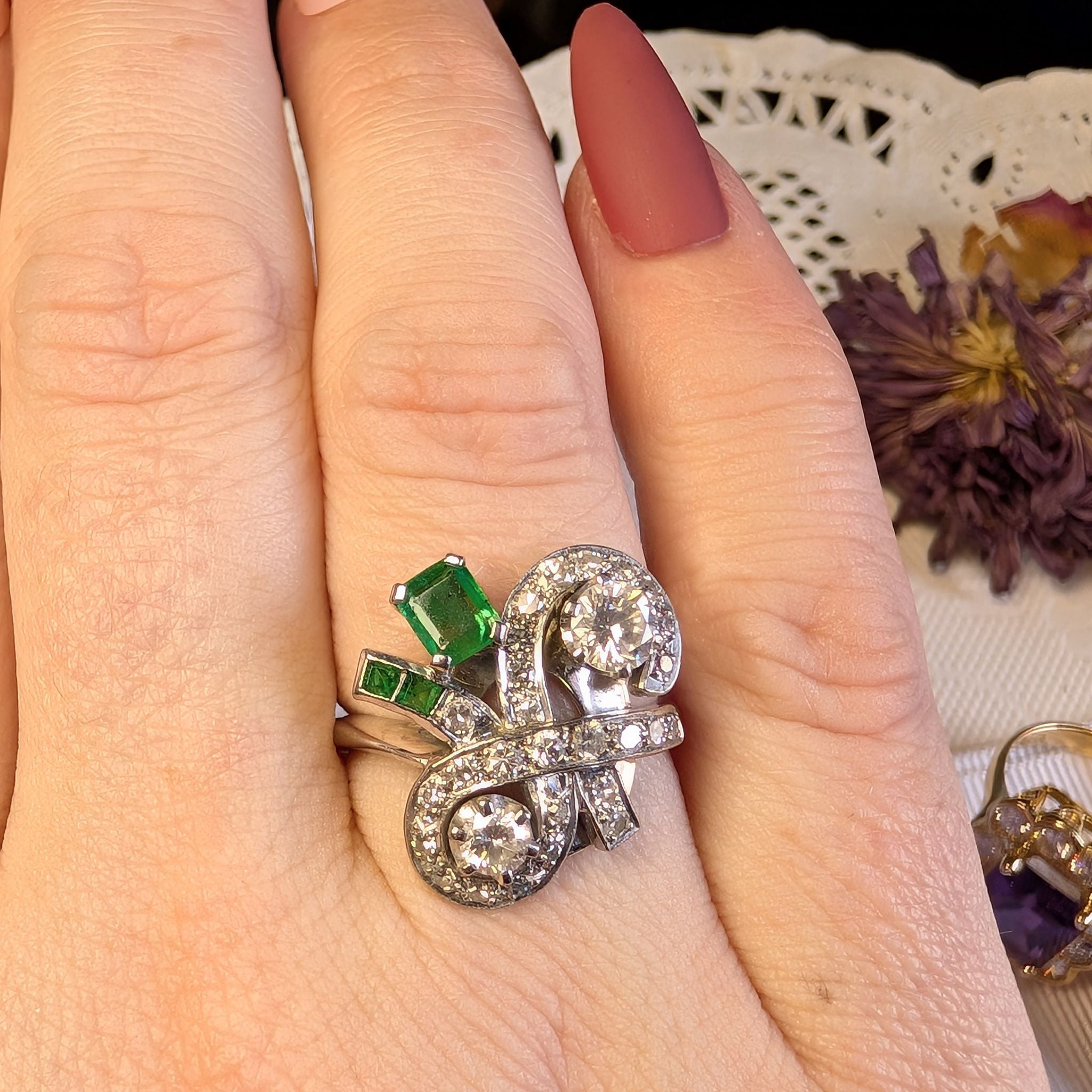 Vintage Handmade 12.5ct White Gold Emerald and Diamond Cluster Ring Complete With An Independent Gemmological Valuation for $8,300 AUD