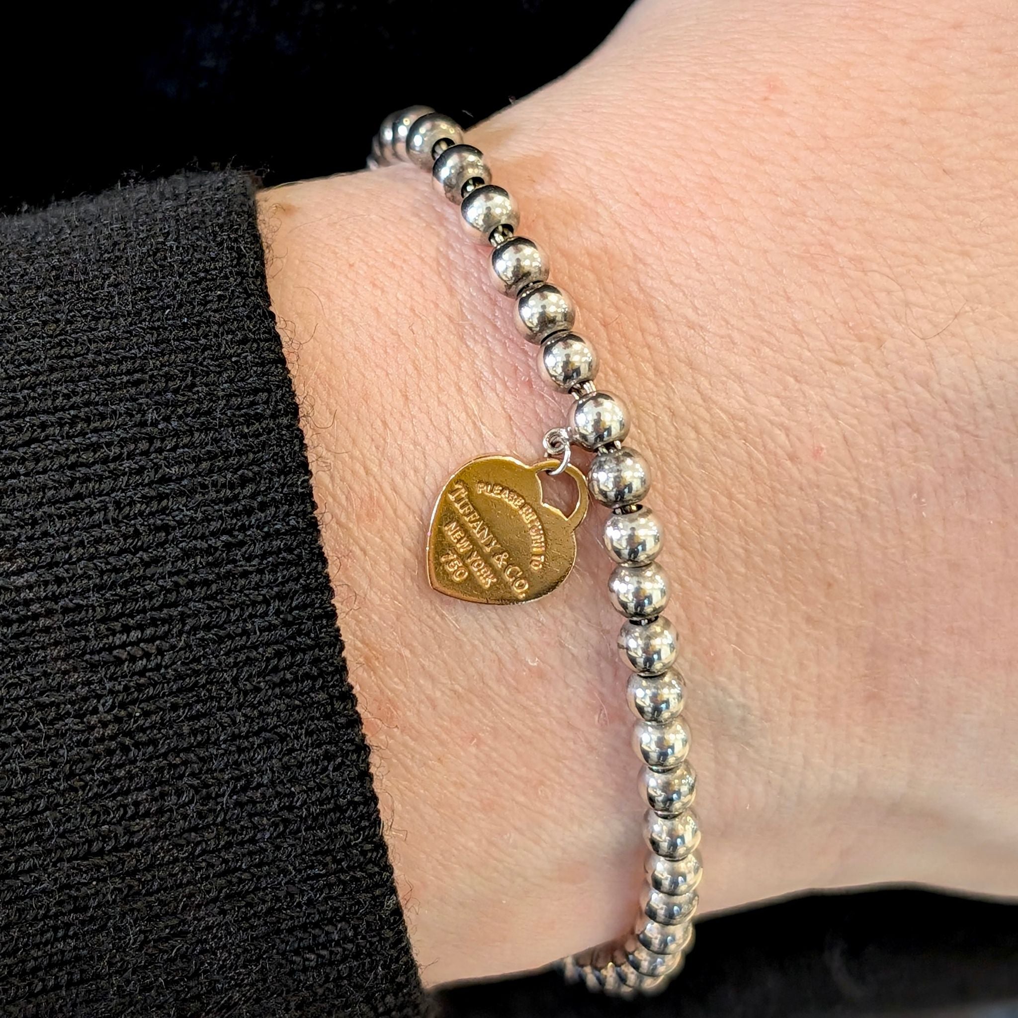 Tiffany & Co. ‘Return to Tiffany’ 18ct Rose Gold & Sterling Silver Heart Tag Bead Bracelet Pouch And Box Included.