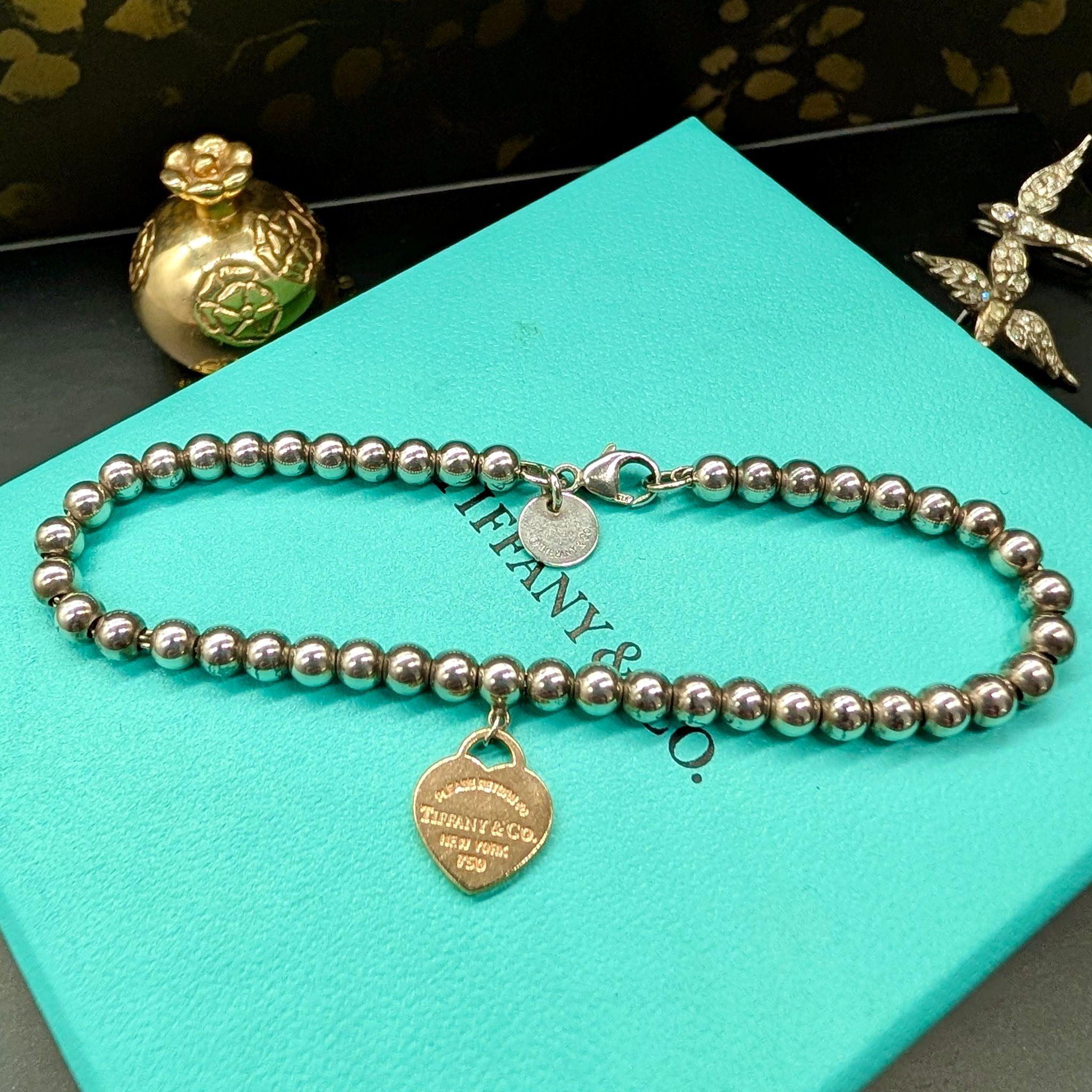 Tiffany & Co. ‘Return to Tiffany’ 18ct Rose Gold & Sterling Silver Heart Tag Bead Bracelet Pouch And Box Included.