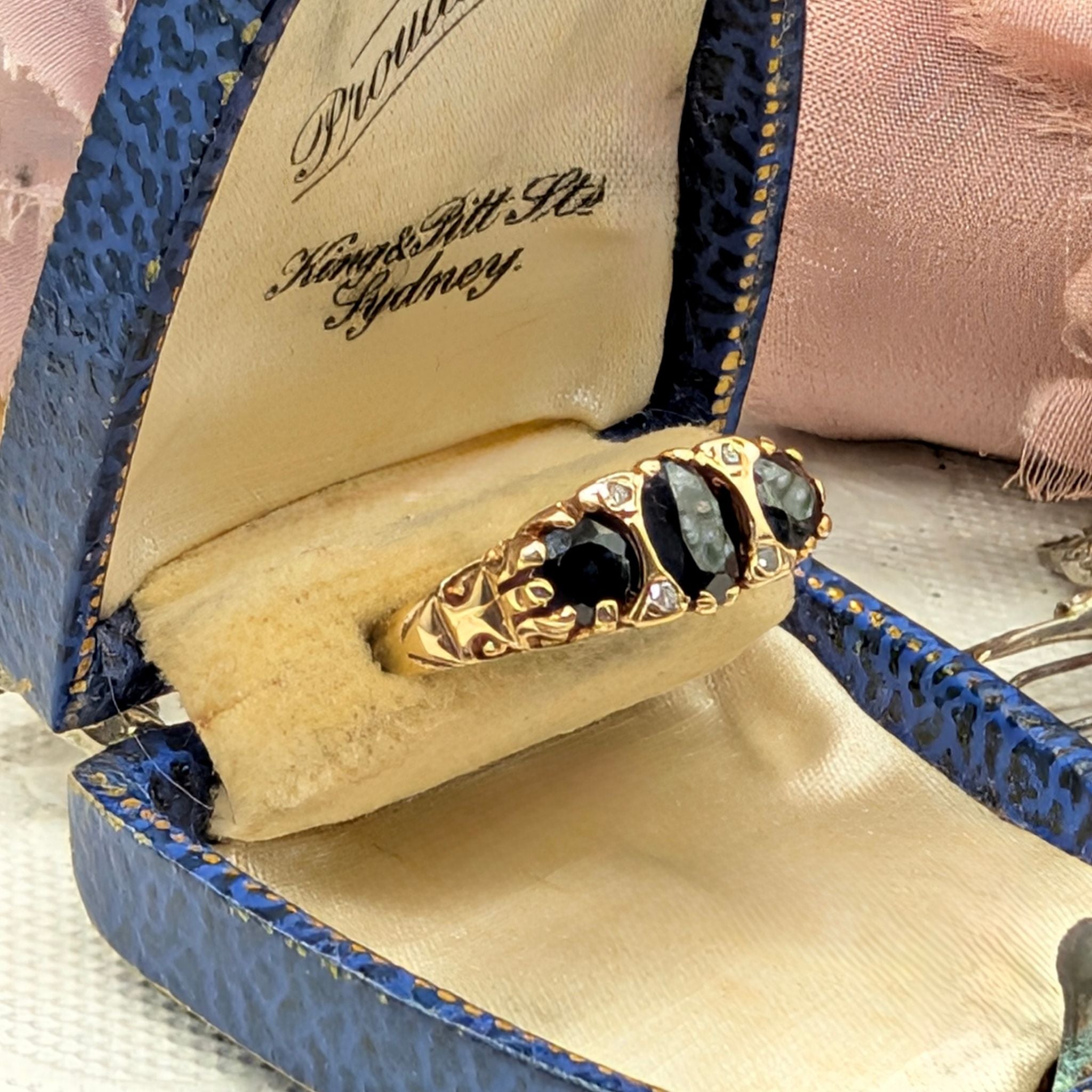 Vintage 9ct Yellow Gold Sapphire and Diamond Bridge Ring Birmingham 1978