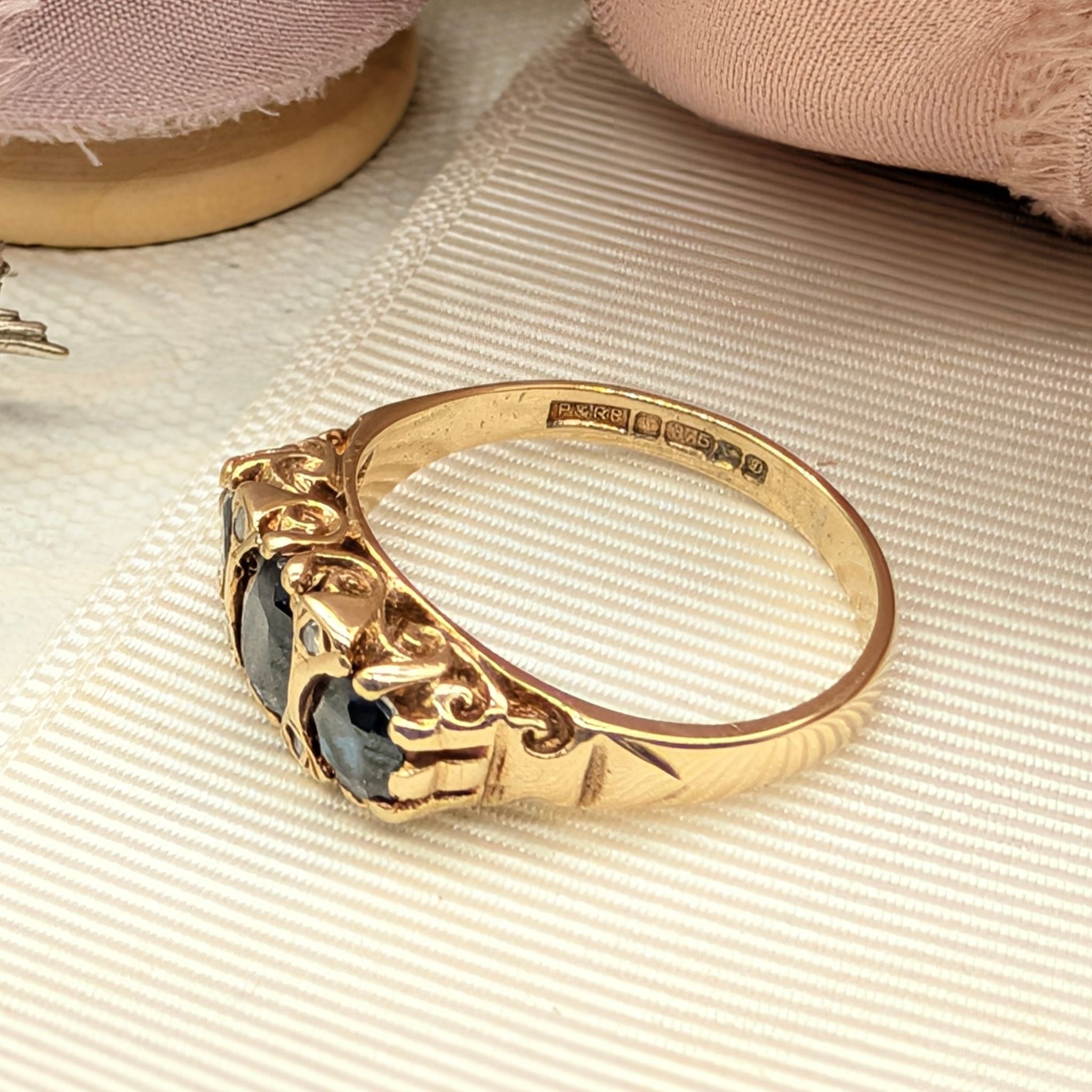 Vintage 9ct Yellow Gold Sapphire and Diamond Bridge Ring Birmingham 1978