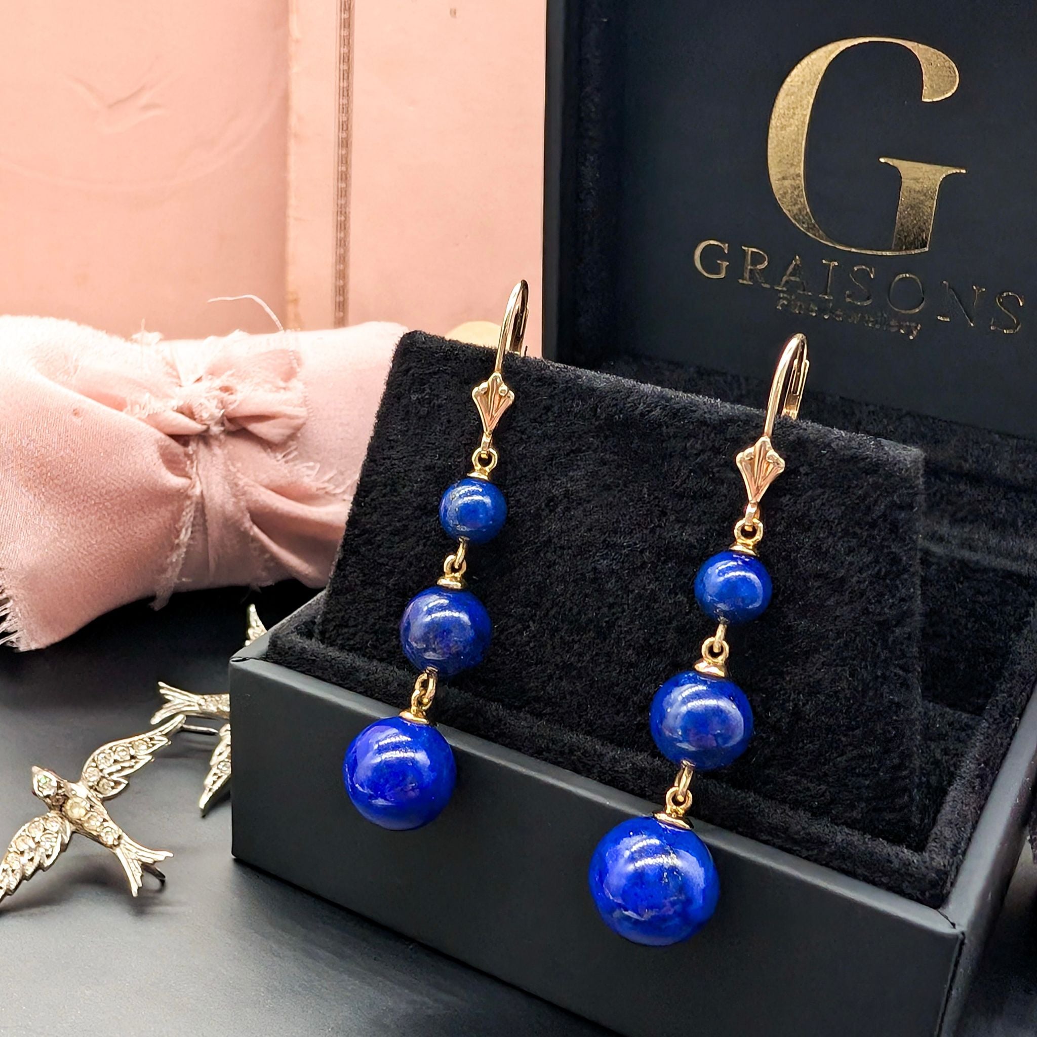 Modern 9ct Yellow Gold Lapis Lazuli Graduated Bead Drop Earrings