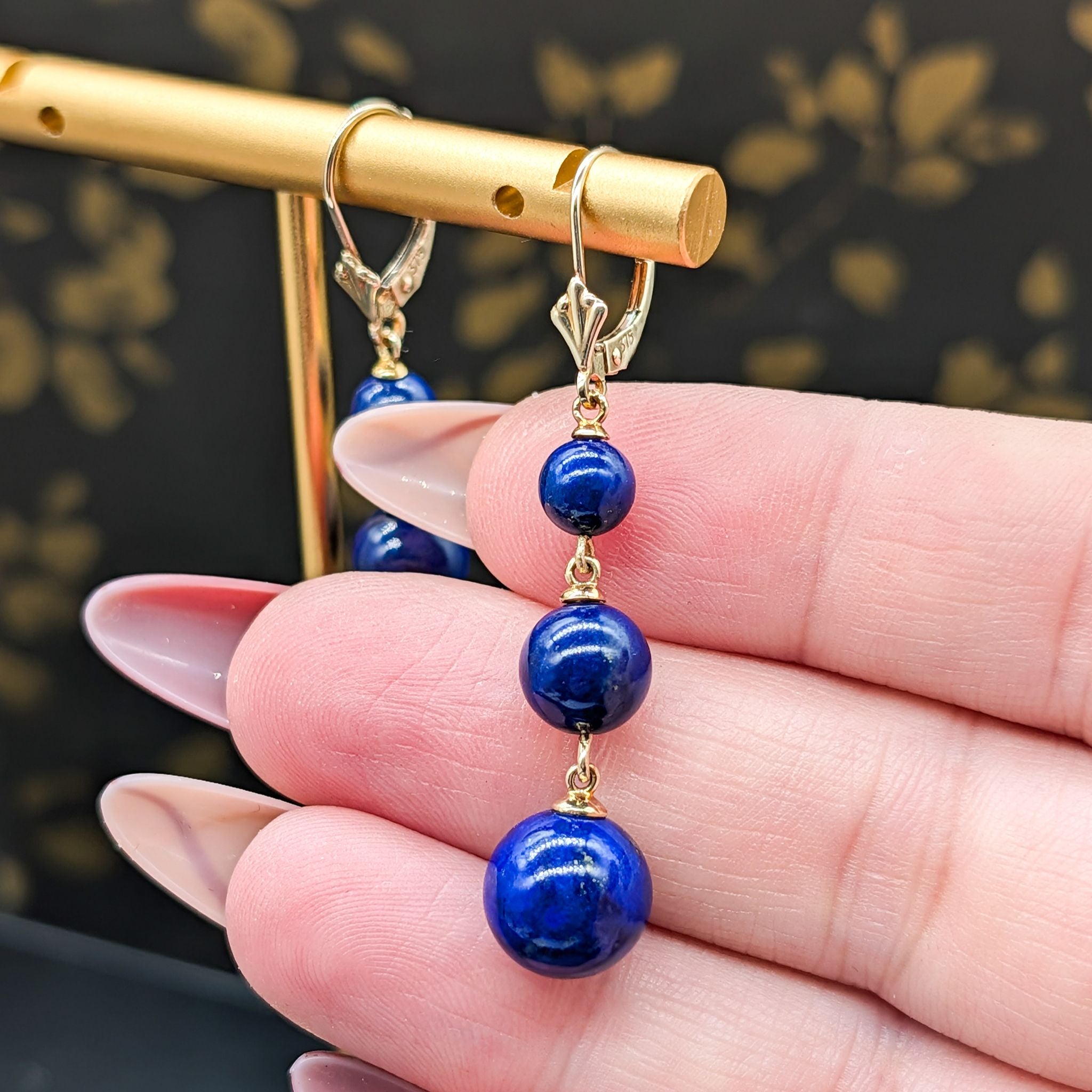 Modern 9ct Yellow Gold Lapis Lazuli Graduated Bead Drop Earrings