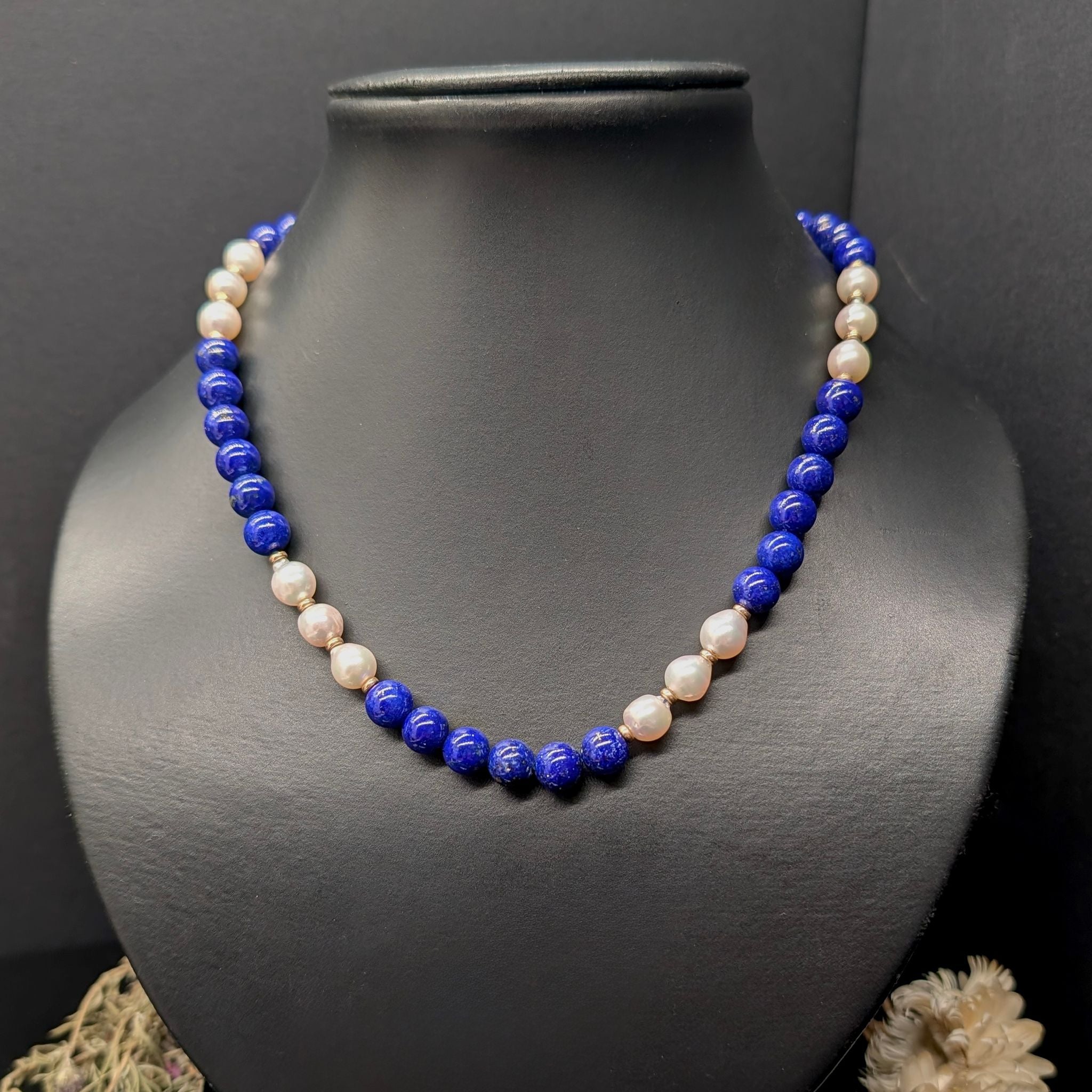 Stunning 9ct Yellow Gold Lapis Lazuli And Pearl Necklace - 43cm