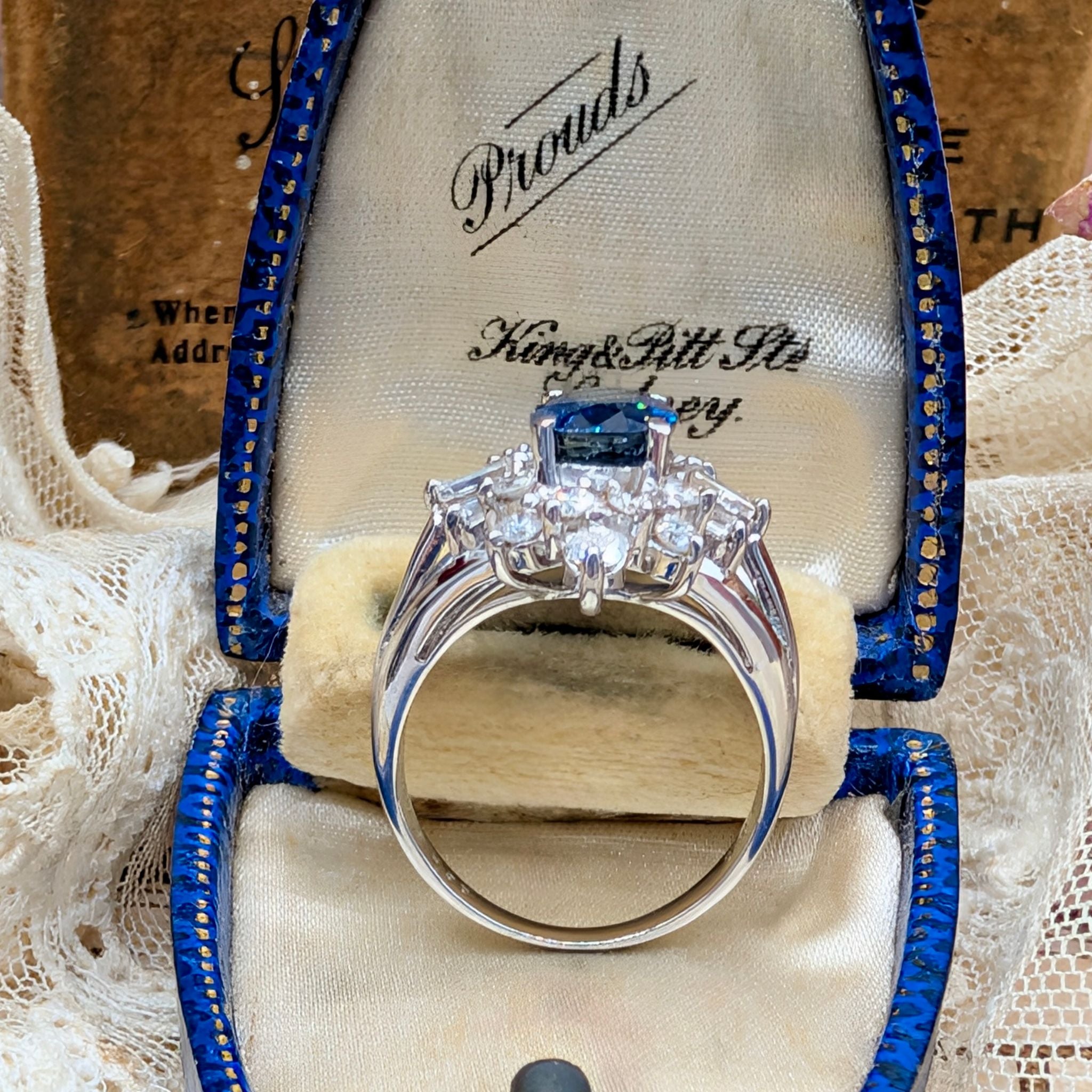 Superb Platinum Sapphire and Diamond Cluster Ring Complete With An Indepedent Gemmological Valuation for $14,380 AUD