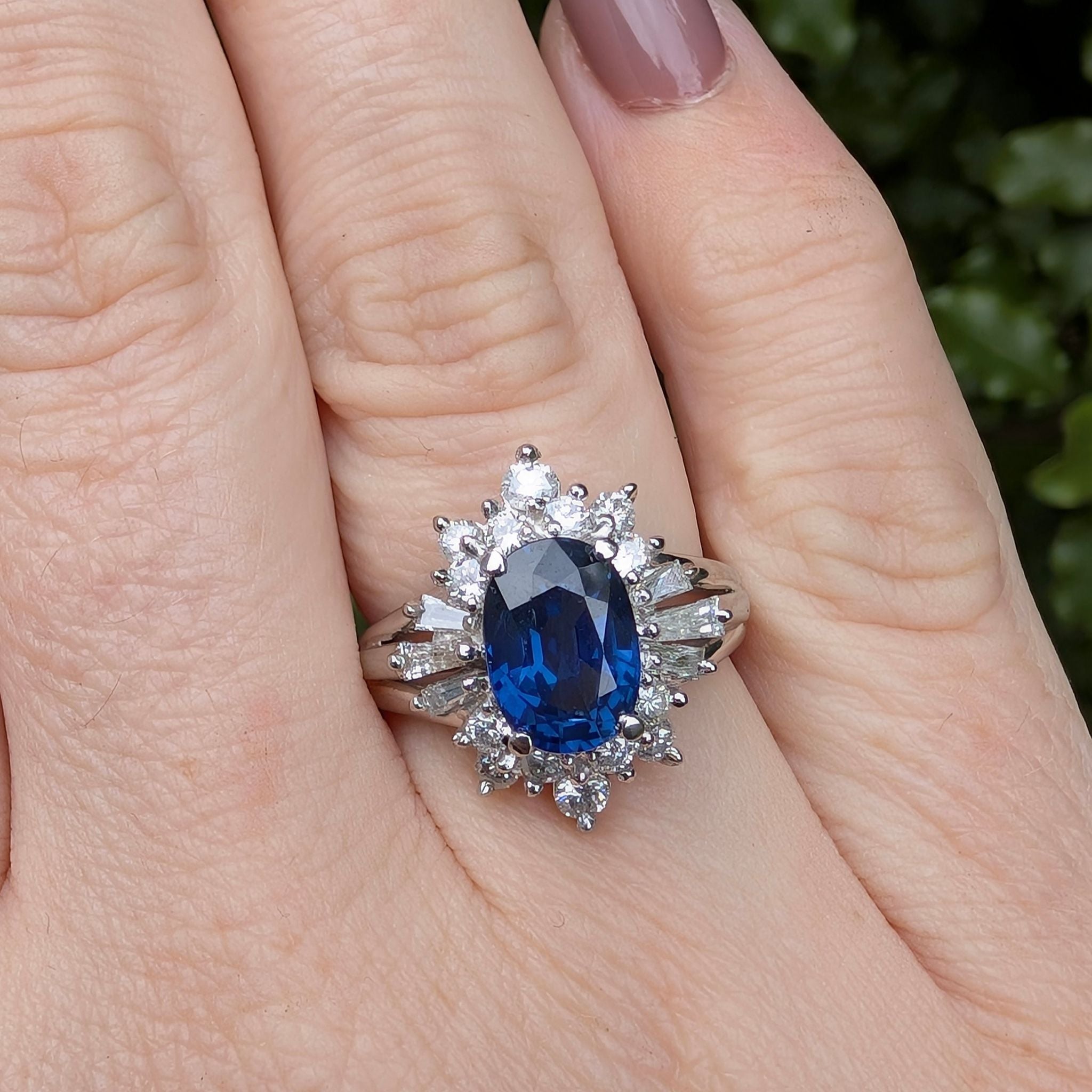 Superb Platinum Sapphire and Diamond Cluster Ring Complete With An Indepedent Gemmological Valuation for $14,380 AUD