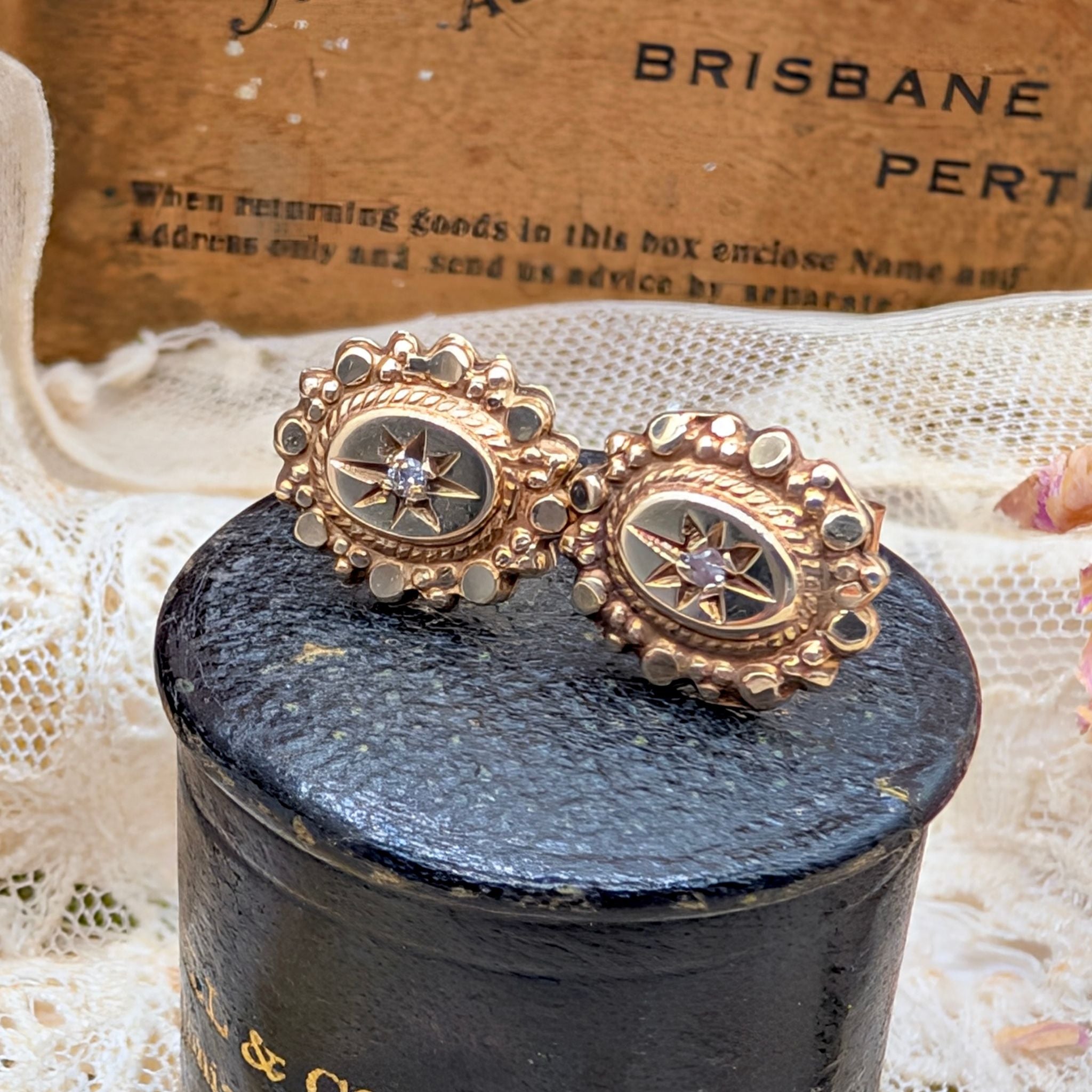 Antique Victorian 9ct Rose Gold (Bloomed) And Diamond Earrings Circa 1880