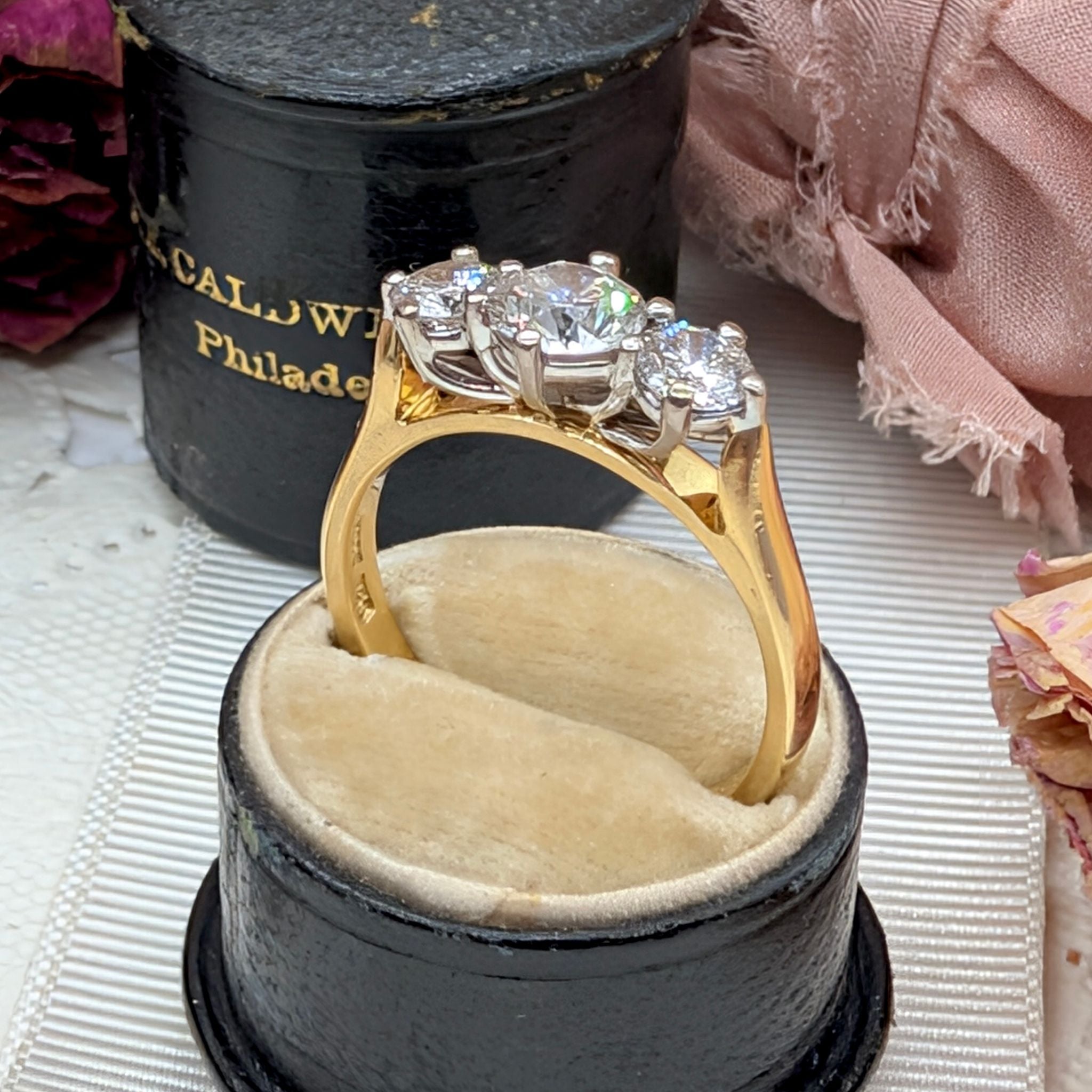 Modern 18ct Yellow Gold Diamond Trilogy Ring TDW 1.34ct Complete With A 2005 Insurance Replacement For $11,500 AUD and Diamond Identification Certificate
