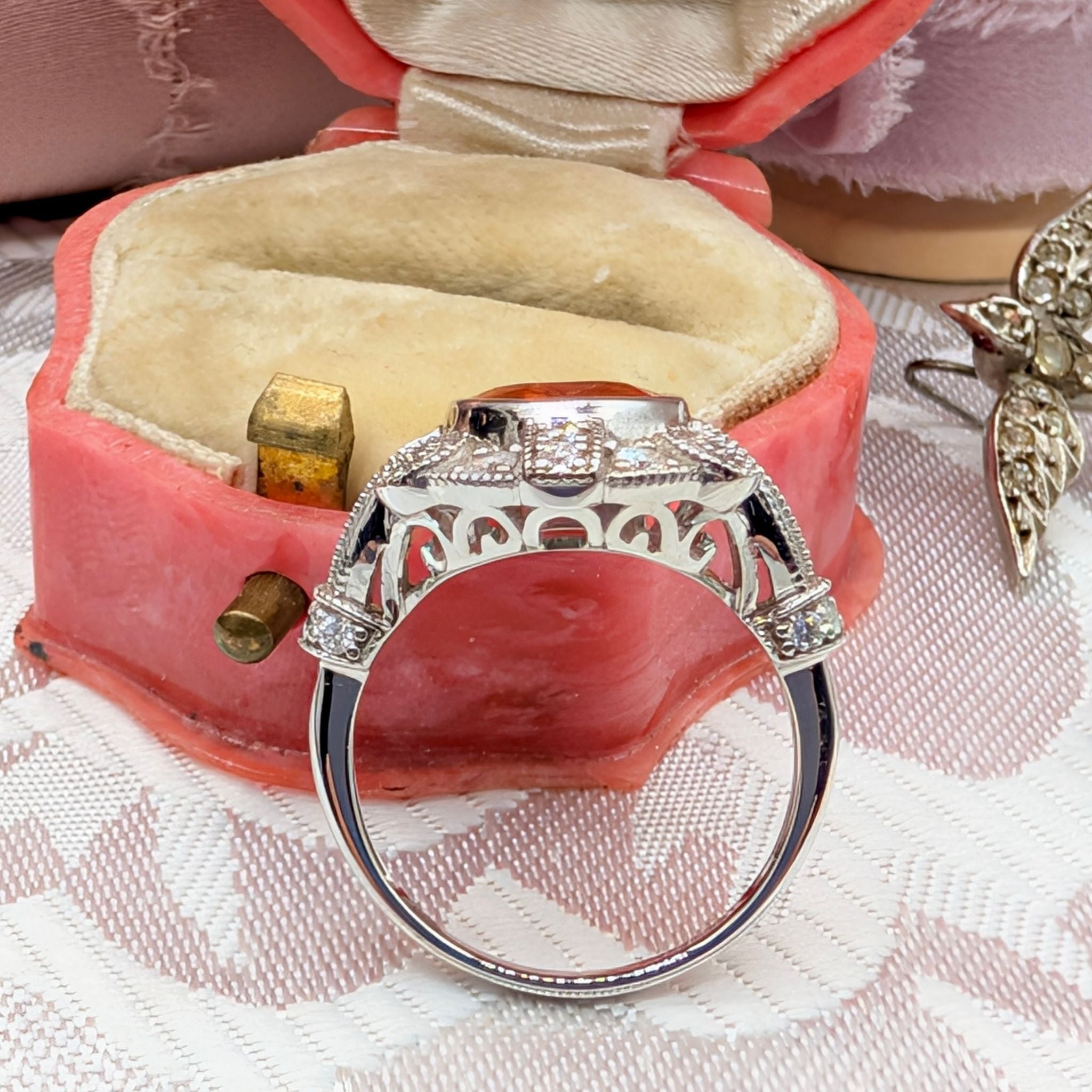 Spectacular 14ct White Gold Orange Sapphire & Diamond Art Deco-Inspired Ring With Independent Gemmological Valuation for $15,000 AUD