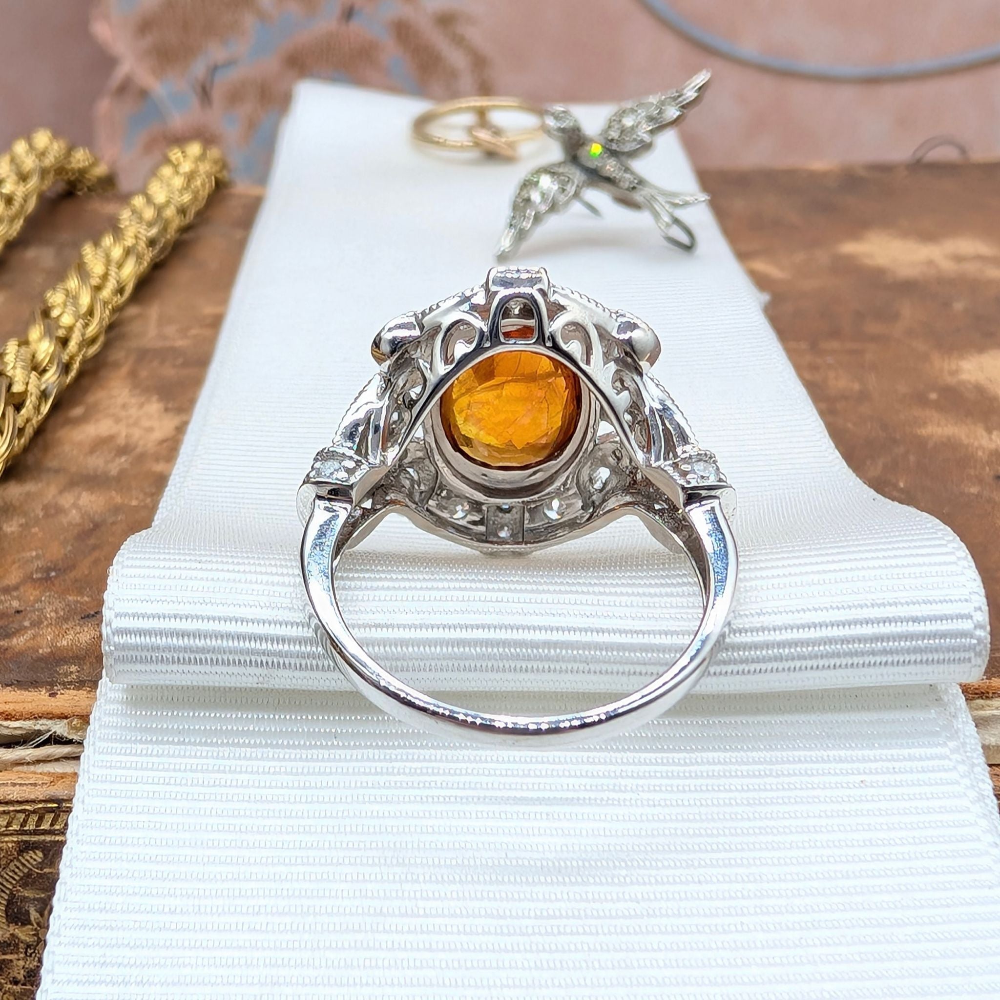 Spectacular 14ct White Gold Orange Sapphire & Diamond Art Deco-Inspired Ring With Independent Gemmological Valuation for $15,000 AUD