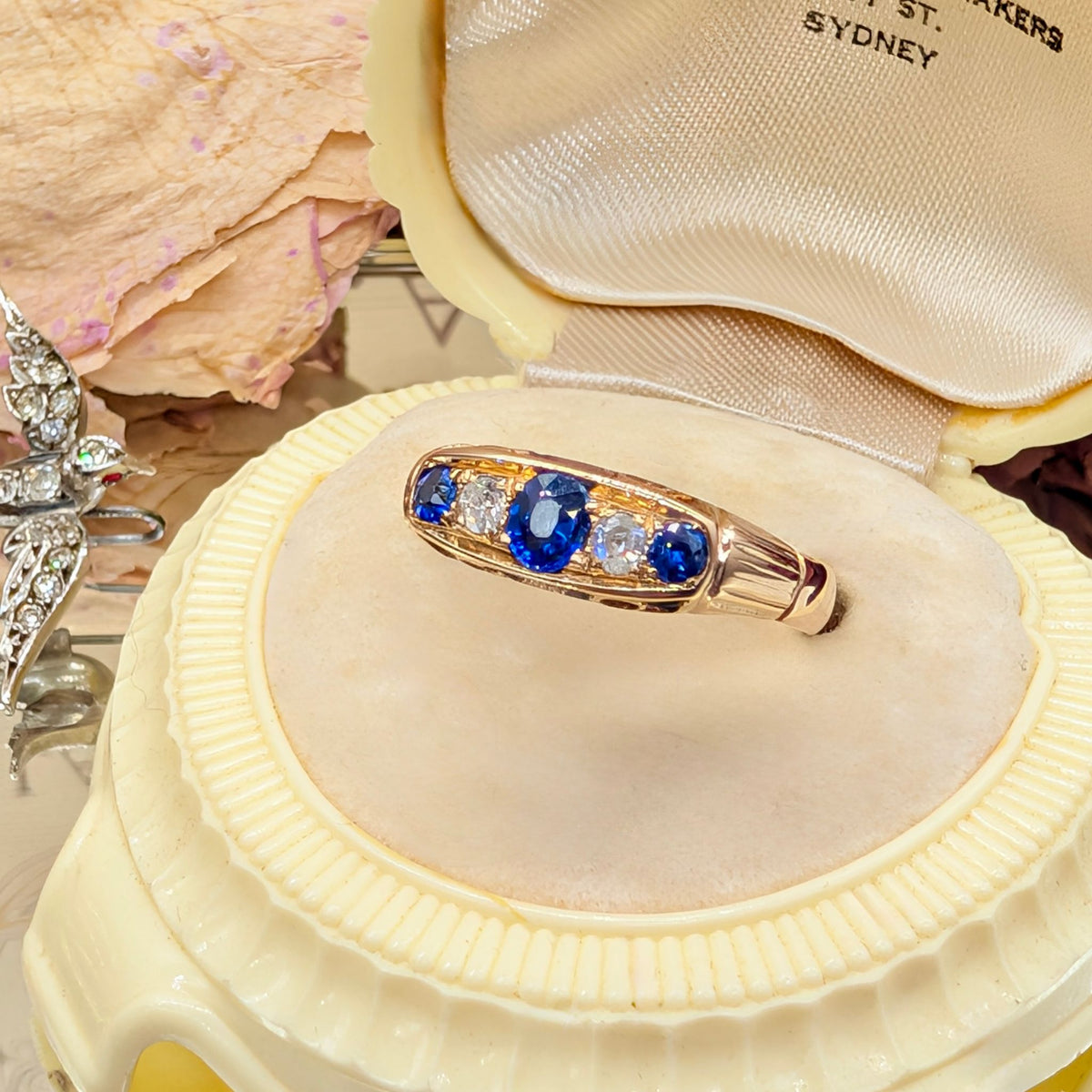 Stunning Antique 18ct Yellow Gold Sapphire And Diamond Quater Hoop Ring - Chester 1914