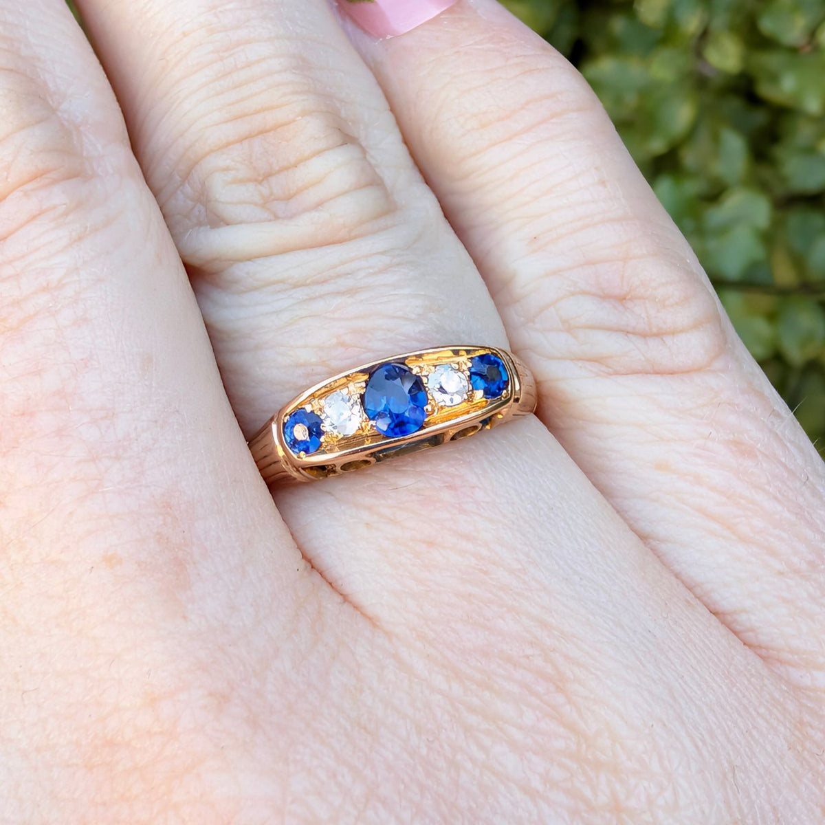 Stunning Antique 18ct Yellow Gold Sapphire And Diamond Quater Hoop Ring - Chester 1914