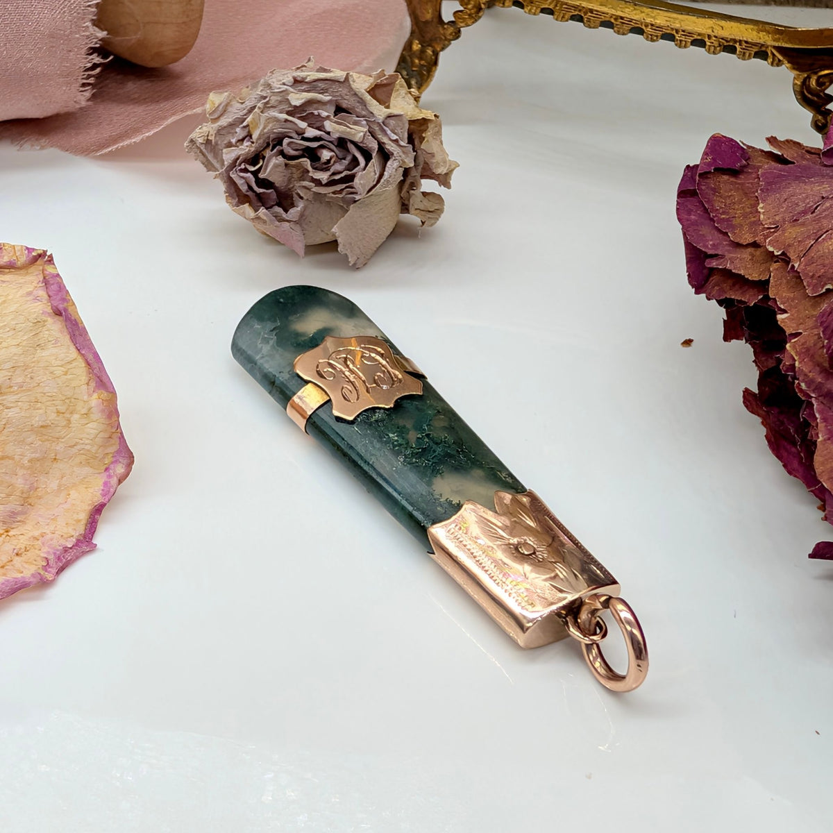 Antique Victorian Moss Agate 9ct Rose Gold Fob Pendant