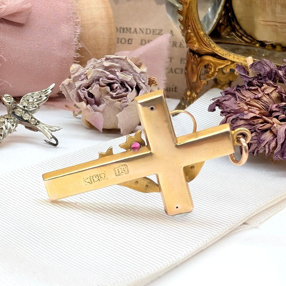 Antique Australian 9ct Gold Seed Pearl Crucifix By Aronson and Co., Circa 1900
