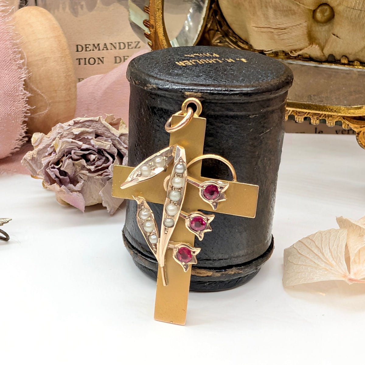 Antique Australian 9ct Gold Seed Pearl Crucifix By Aronson and Co., Circa 1900