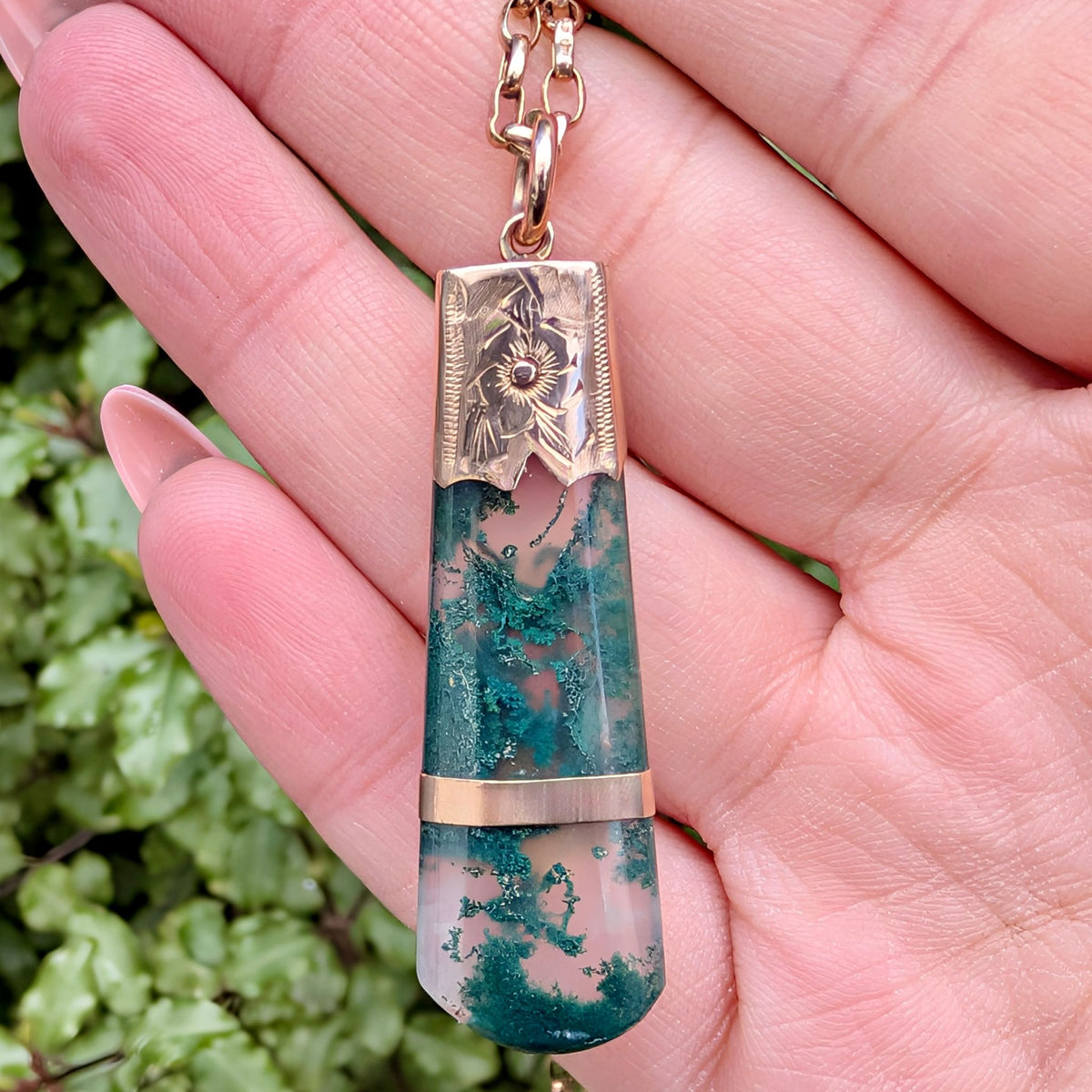 Antique Victorian Moss Agate 9ct Rose Gold Fob Pendant