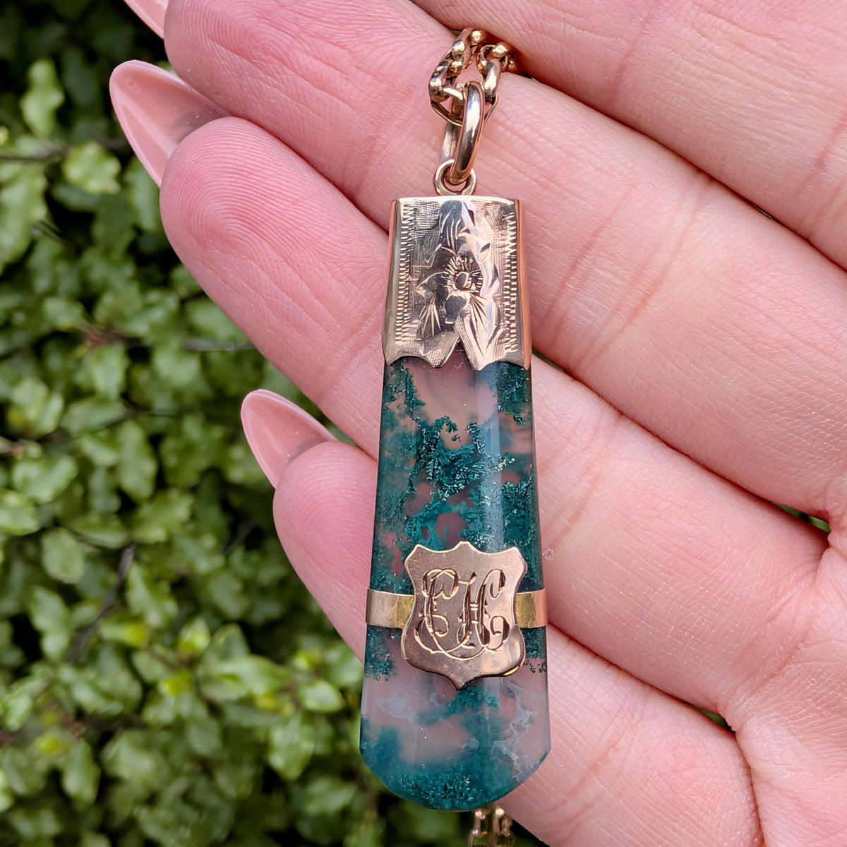 Antique Victorian Moss Agate 9ct Rose Gold Fob Pendant