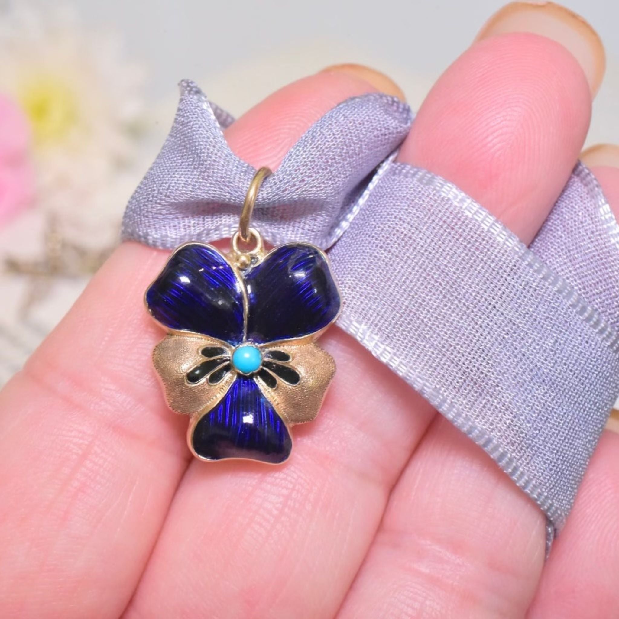 Antique Art Nouveau 15ct Yellow Gold Blue Enamel, Turquoise, ‘Pansy’ Opening Locket