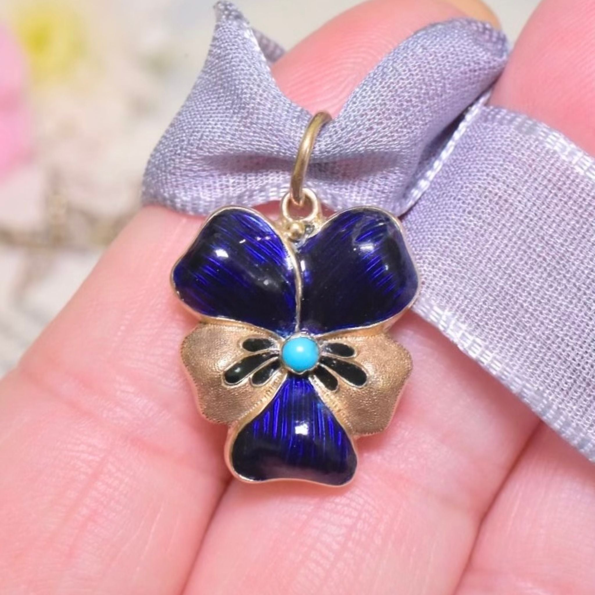 Antique Art Nouveau 15ct Yellow Gold Blue Enamel, Turquoise, ‘Pansy’ Opening Locket