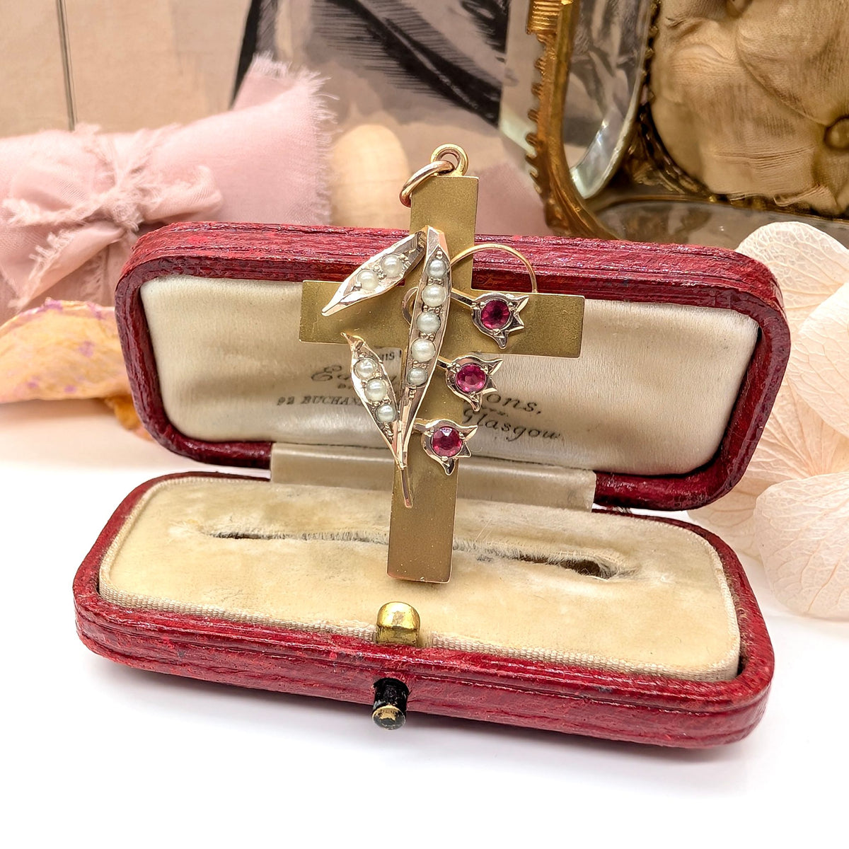 Antique Australian 9ct Gold Seed Pearl Crucifix By Aronson and Co., Circa 1900
