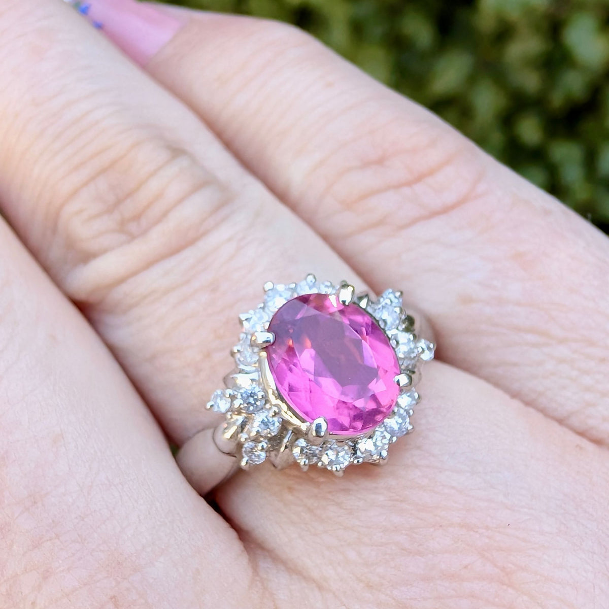 Stunning Contemporary Platinum Pink 1.61ct Tourmaline & Diamond Halo Ring Complete With An Independent Gemmological Valuation $6203.00 AUD
