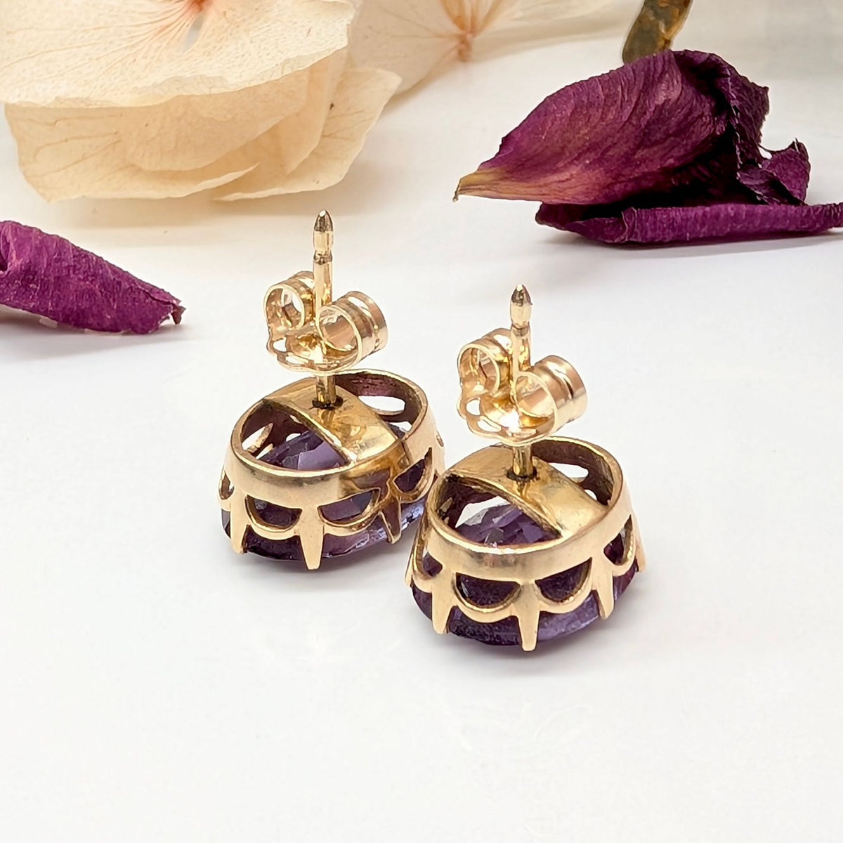 Vintage 9ct Yellow Gold Synthetic Colour-Change Sapphire Earrings – Approx. 6.80ct Each