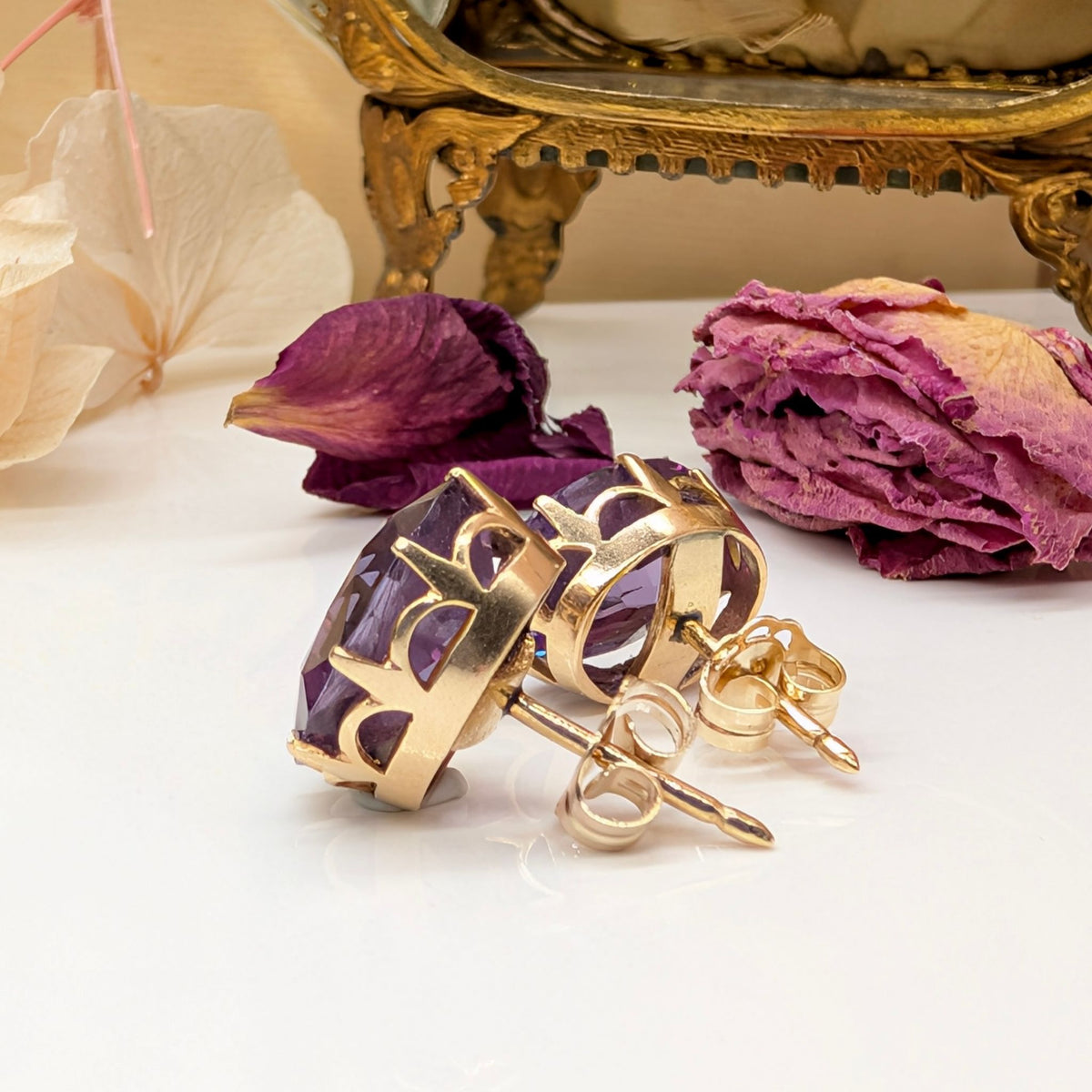 Vintage 9ct Yellow Gold Synthetic Colour-Change Sapphire Earrings – Approx. 6.80ct Each