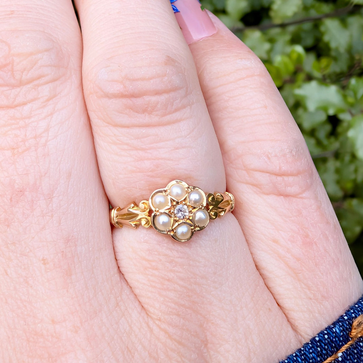 Gorgeous Antique 18ct Yellow Gold Diamond & Pearl Cluster Ring – Birmingham 1919