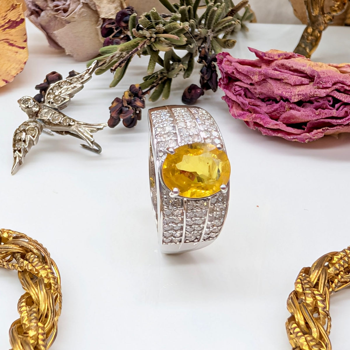 Stunning 14ct White Gold 2.11ct Golden Yellow Sapphire & 0.47ct Diamond Ring — Complete With An Independent Gemmological Valuation For $12,200 AUD