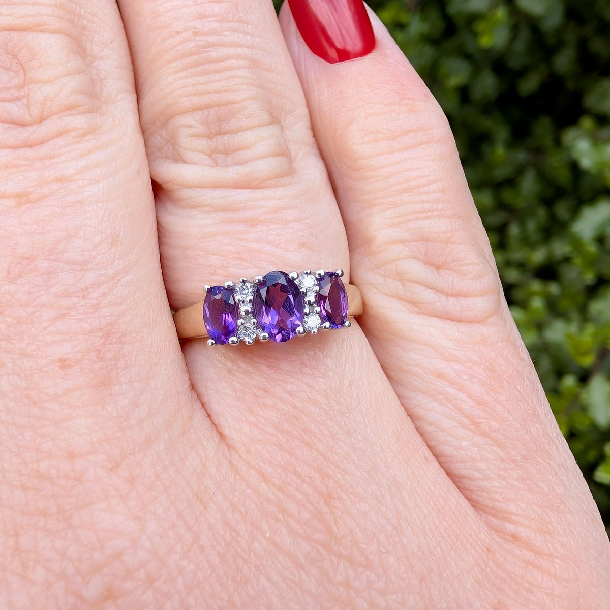 Contemporary 9ct Yellow Gold Amethyst And Diamond Trilogy Ring