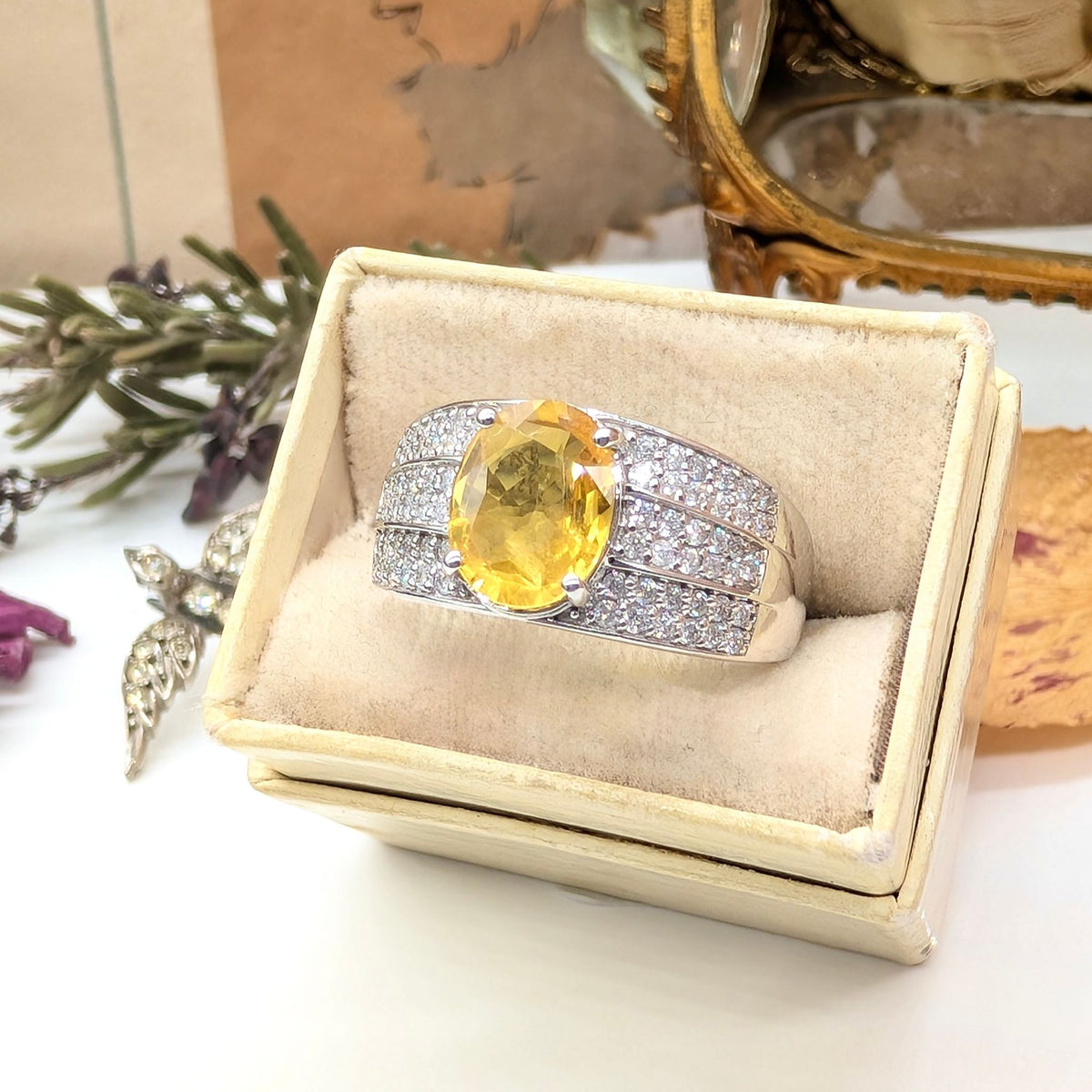 Stunning 14ct White Gold 2.11ct Golden Yellow Sapphire & 0.47ct Diamond Ring — Complete With An Independent Gemmological Valuation For $12,200 AUD