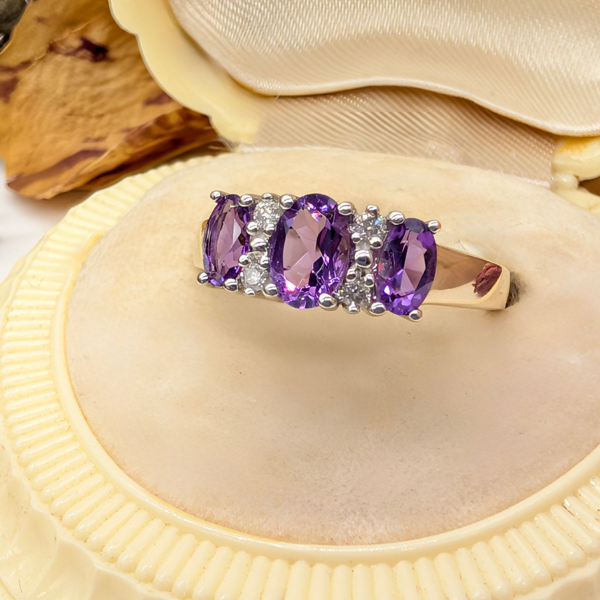 Contemporary 9ct Yellow Gold Amethyst And Diamond Trilogy Ring