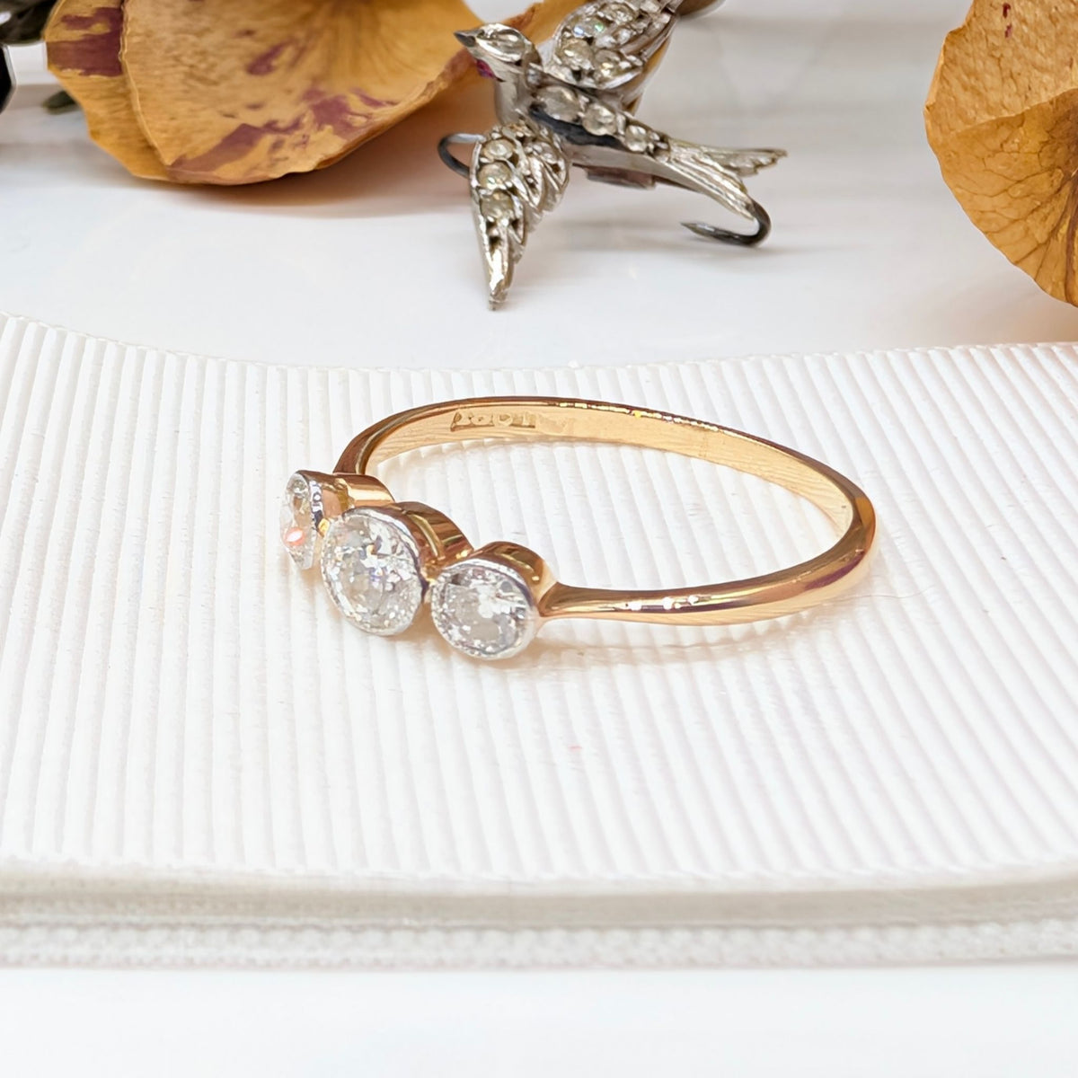 Gorgeous Edwardian Era 18ct Yellow Gold Diamond Trilogy Ring - 0.47ct