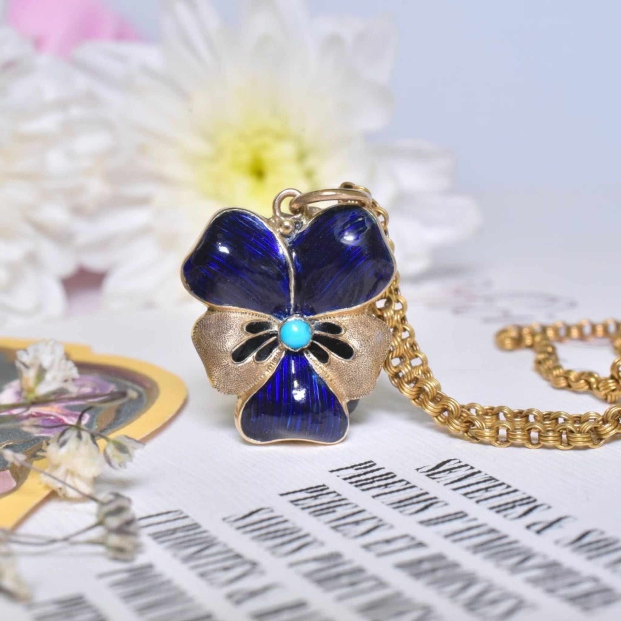 Antique Art Nouveau 15ct Yellow Gold Blue Enamel, Turquoise, ‘Pansy’ Opening Locket