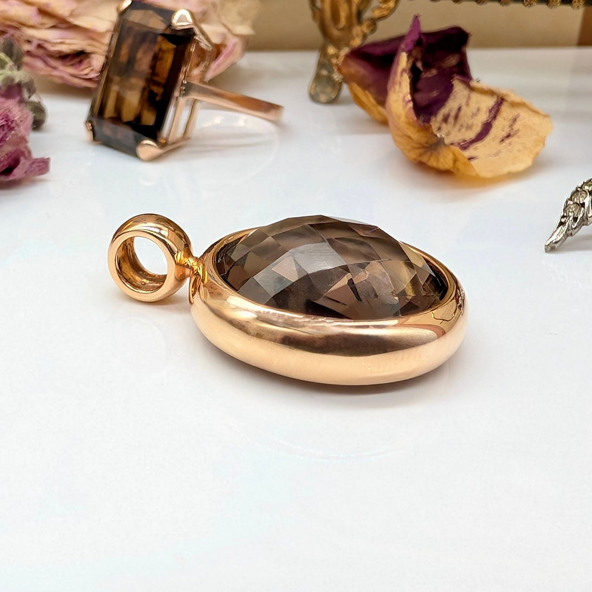 Contemporary 14ct and 18ct Rose Gold Smoky Quartz Pendant Necklace