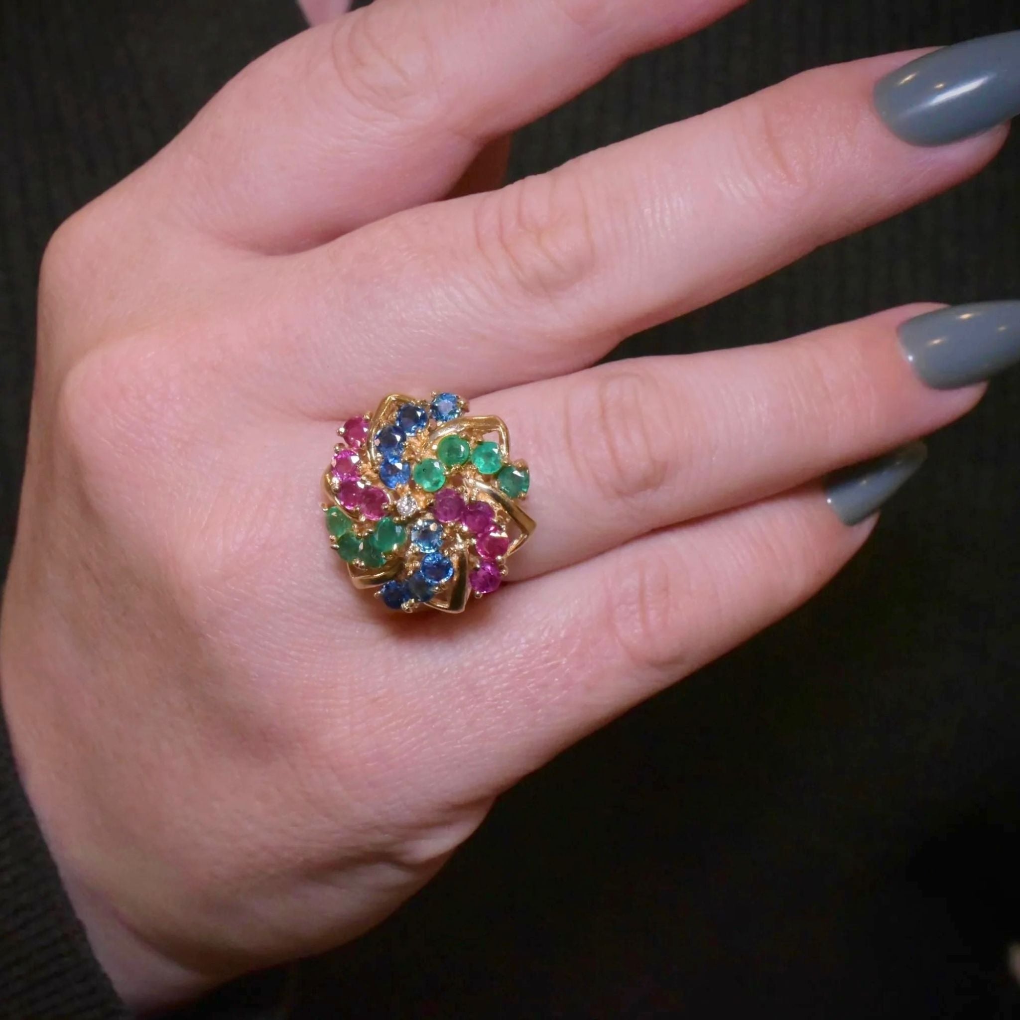 Vintage 14ct Yellow Gold Diamond, Emerald, Ruby, Sapphire Cocktail Ring